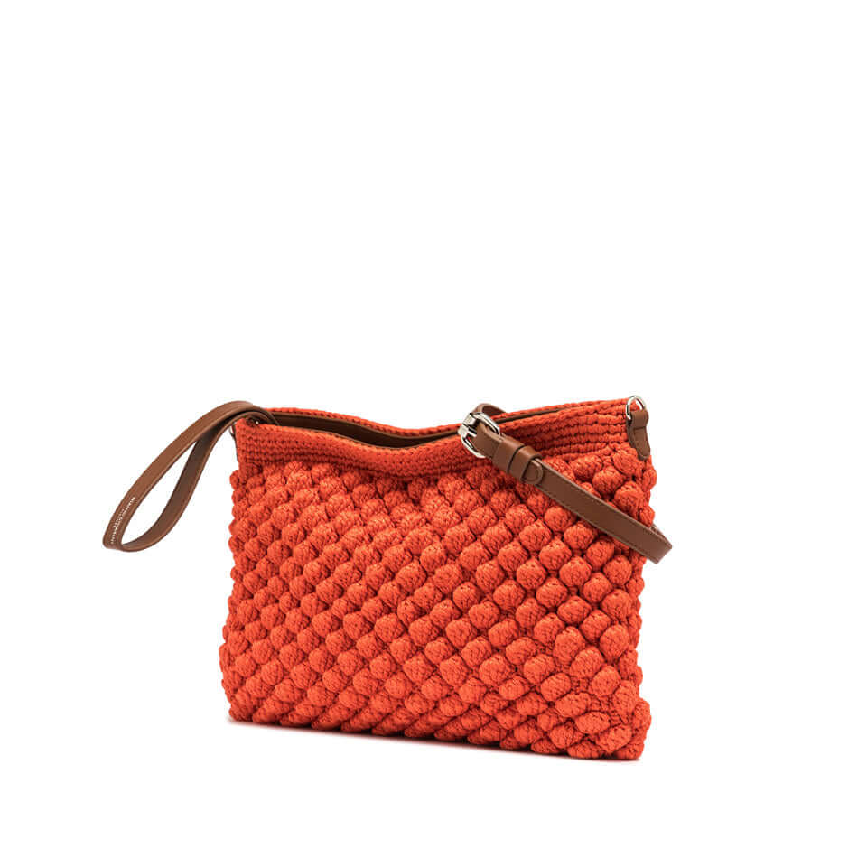 Orange handwoven Bella pouch by Gianni Chiarini, featuring a bubble design and removable strap.