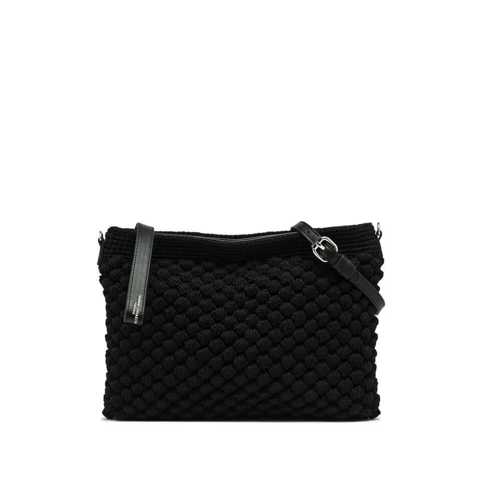 Black handmade Bella pouch by Gianni Chiarini, featuring a bubble texture and adjustable strap, perfect for summer.