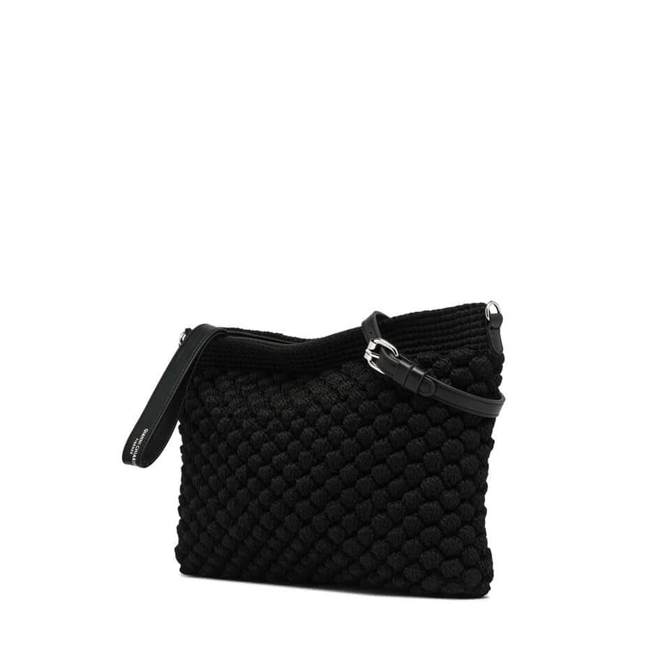 Black handcrafted Bella pouch by Gianni Chiarini Firenze with bubble texture and leather details, featuring a zip closure.