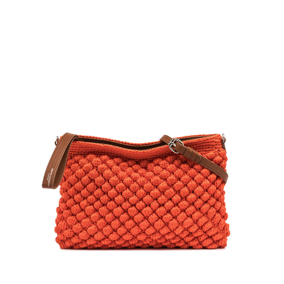 Bella by Gianni Chiarini Firenze, vibrant orange pouch with bubble texture and brown leather details, adjustable strap.