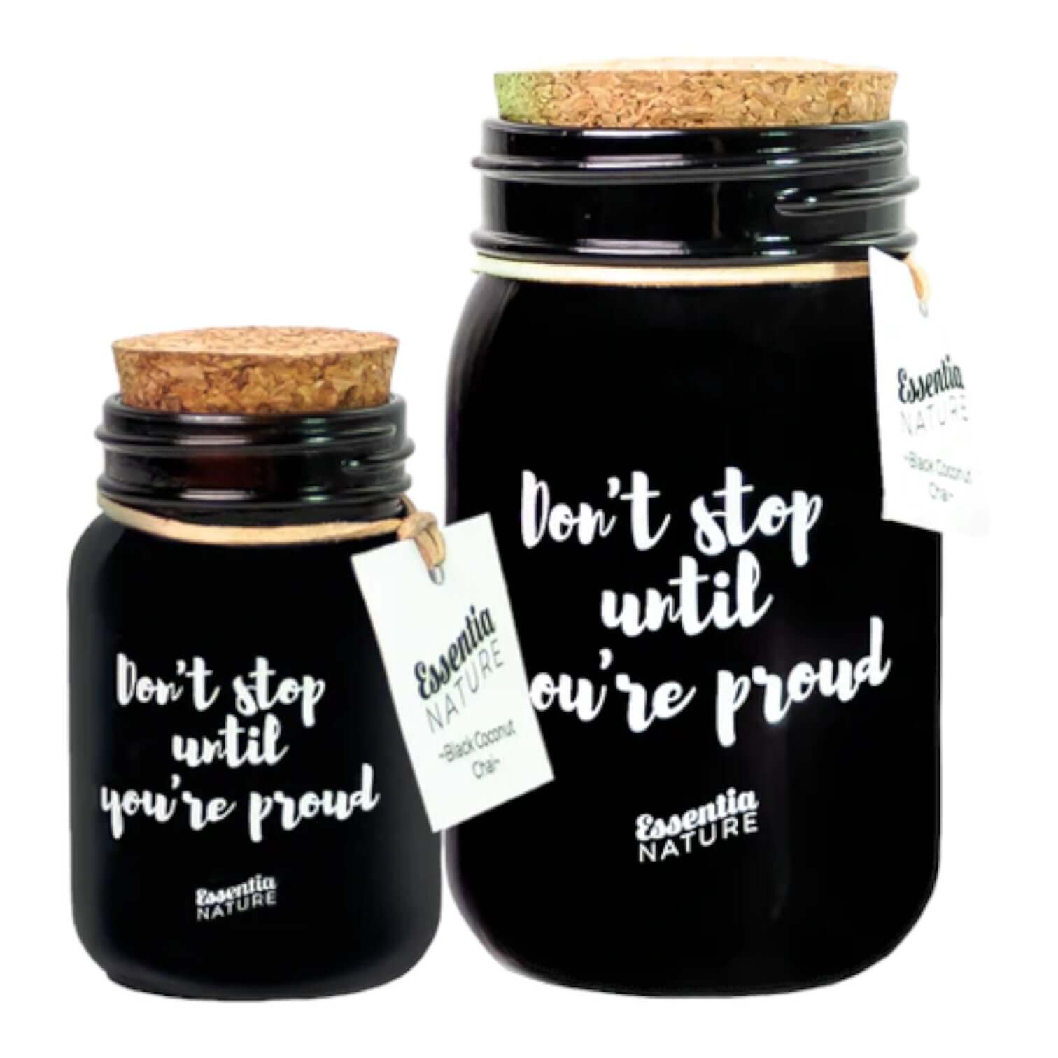 Black Coconut Chai Candela jars from Essentia Nature with motivational quotes and cork lids.