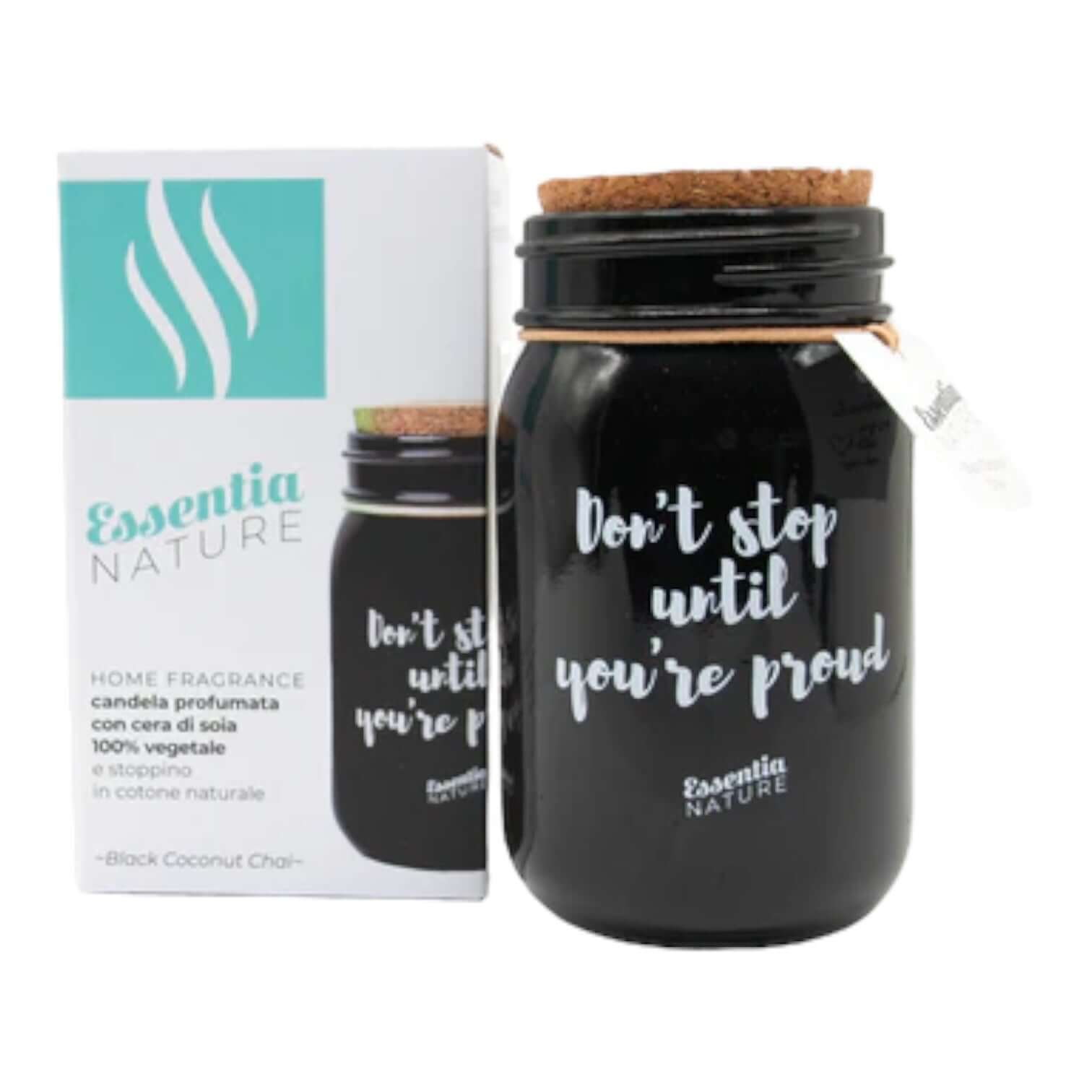 Black Coconut Chai candle in jar by Essentia Nature with packaging showcasing natural soy wax and inspiring quote.