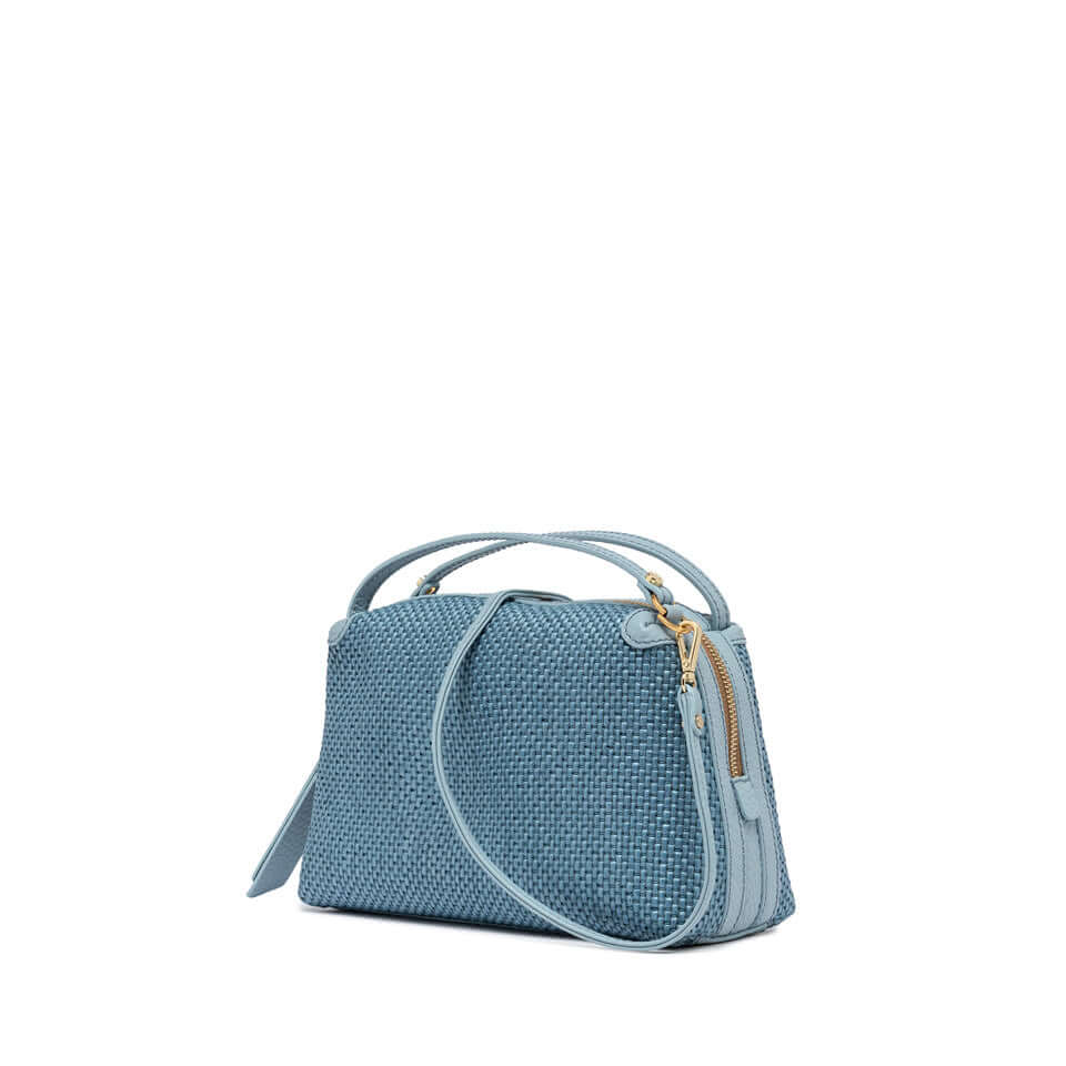Large Alifa handbag by Gianni Chiarini in light blue woven straw with removable shoulder strap.