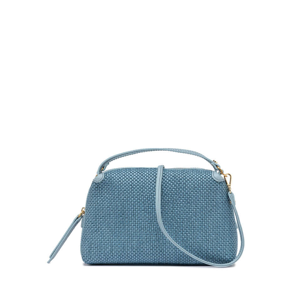 Large blue woven straw handbag Alifa by Gianni Chiarini Firenze with adjustable strap and zip closure.