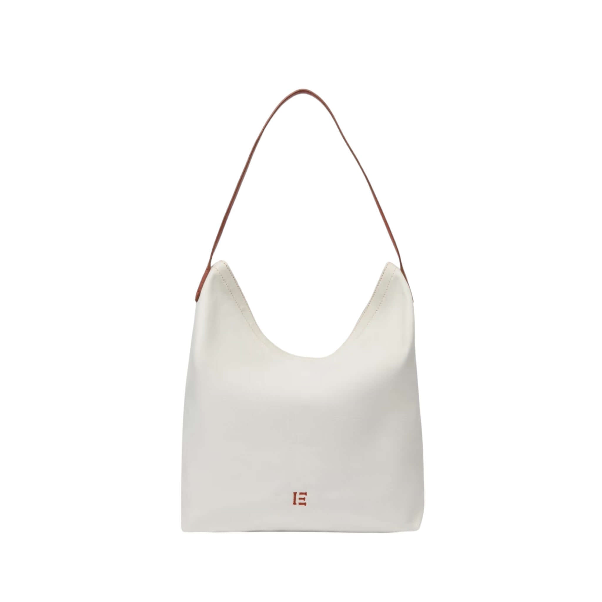 Borsa Campus Hawai in cotone bianco con manico in pelle, design minimalista e dimensioni 32,5 x 27,11 cm.