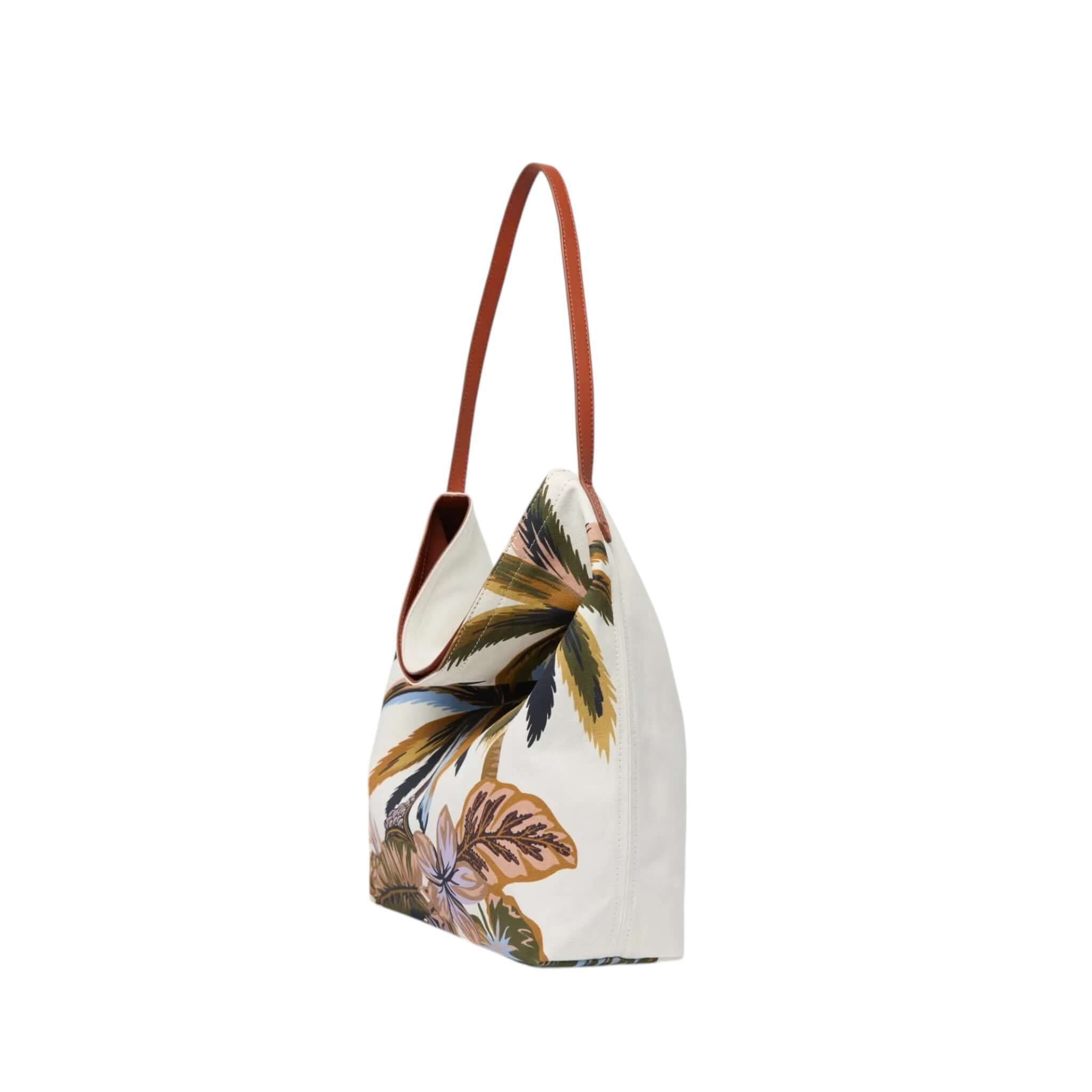 Borsa Campus Hawai in cotone con stampa floreale, manico in pelle, design moderno e minimalista.