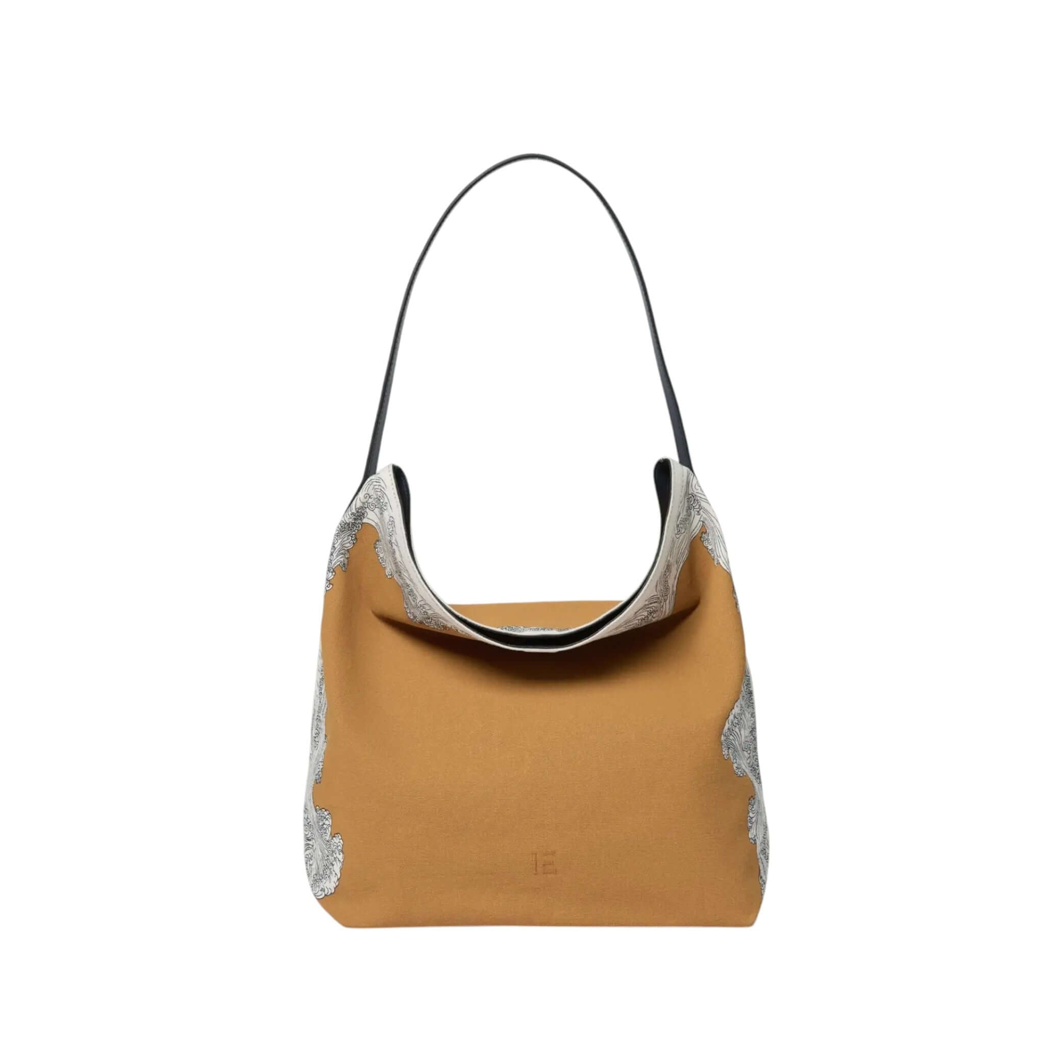 Borsa Campus Pompei in cotone e pelle, design minimalista, leggera e fluida, dimensioni 32,5 x 27,11 cm.