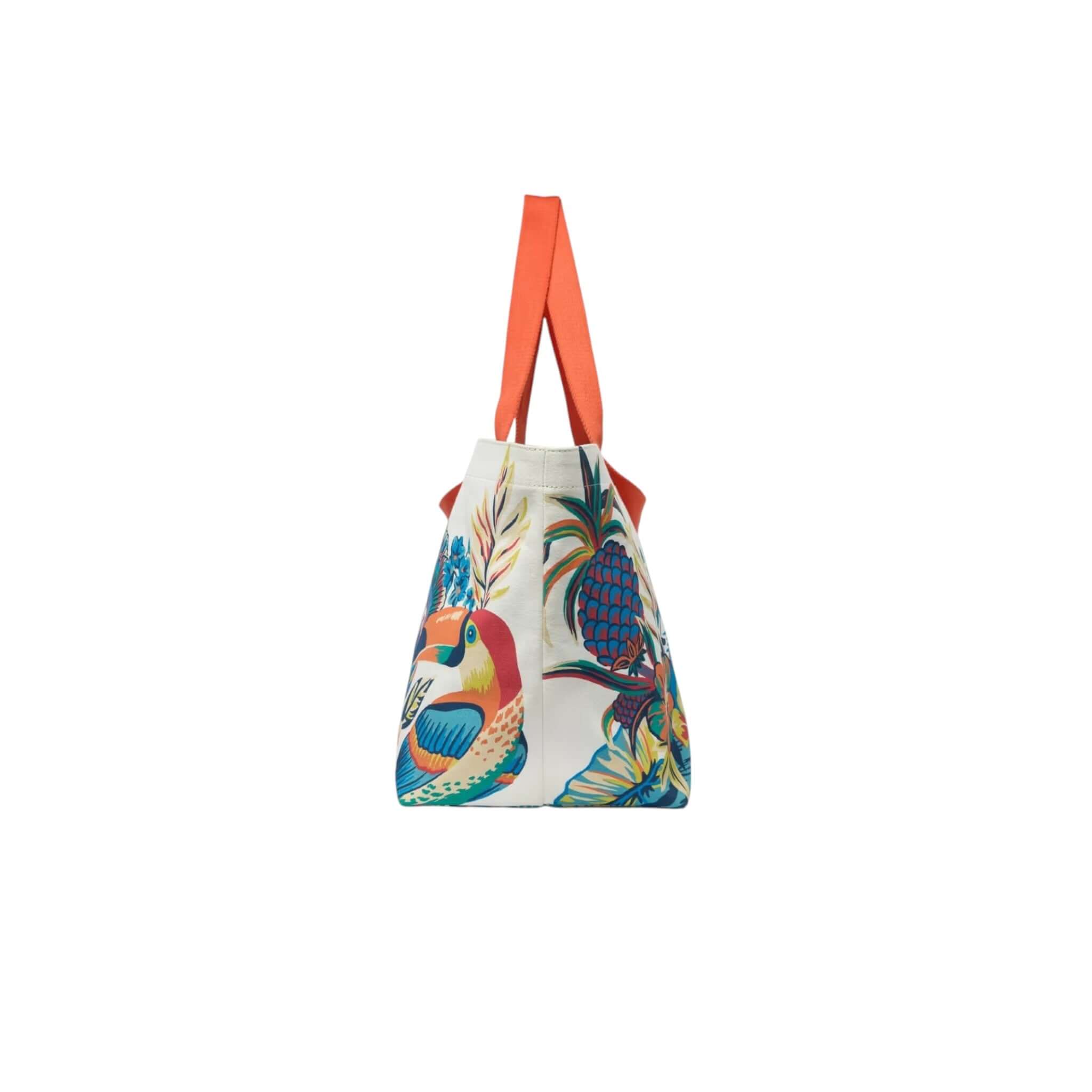 Borsa Carrier Hawai con stampa colorata di uccelli e piante, manici arancioni, ideale per il weekend e la spiaggia.