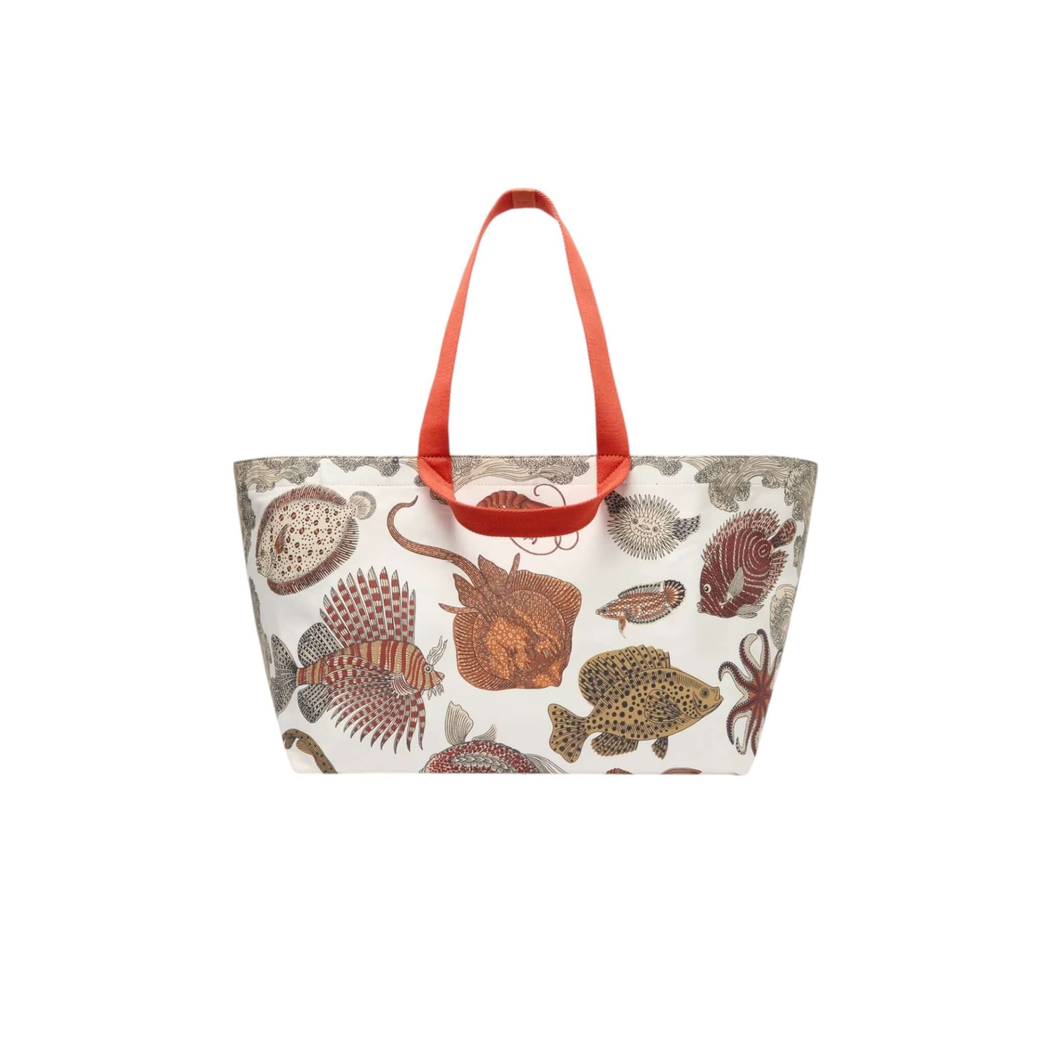 Borsa Carrier Poseidon con manici arancioni e stampa marina multicolore, ideale per weekend e spiaggia.