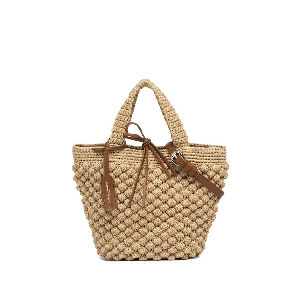 Borsa double handle Bella in tessuto lavorato a mano con dettagli in pelle, manici uncinetto e tracolla removibile.