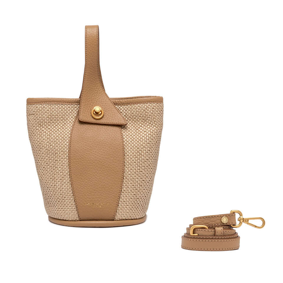 Gianni Chiarini Firenze Ester bucket bag in woven straw with leather accents and detachable strap, versatile fashion accessory.