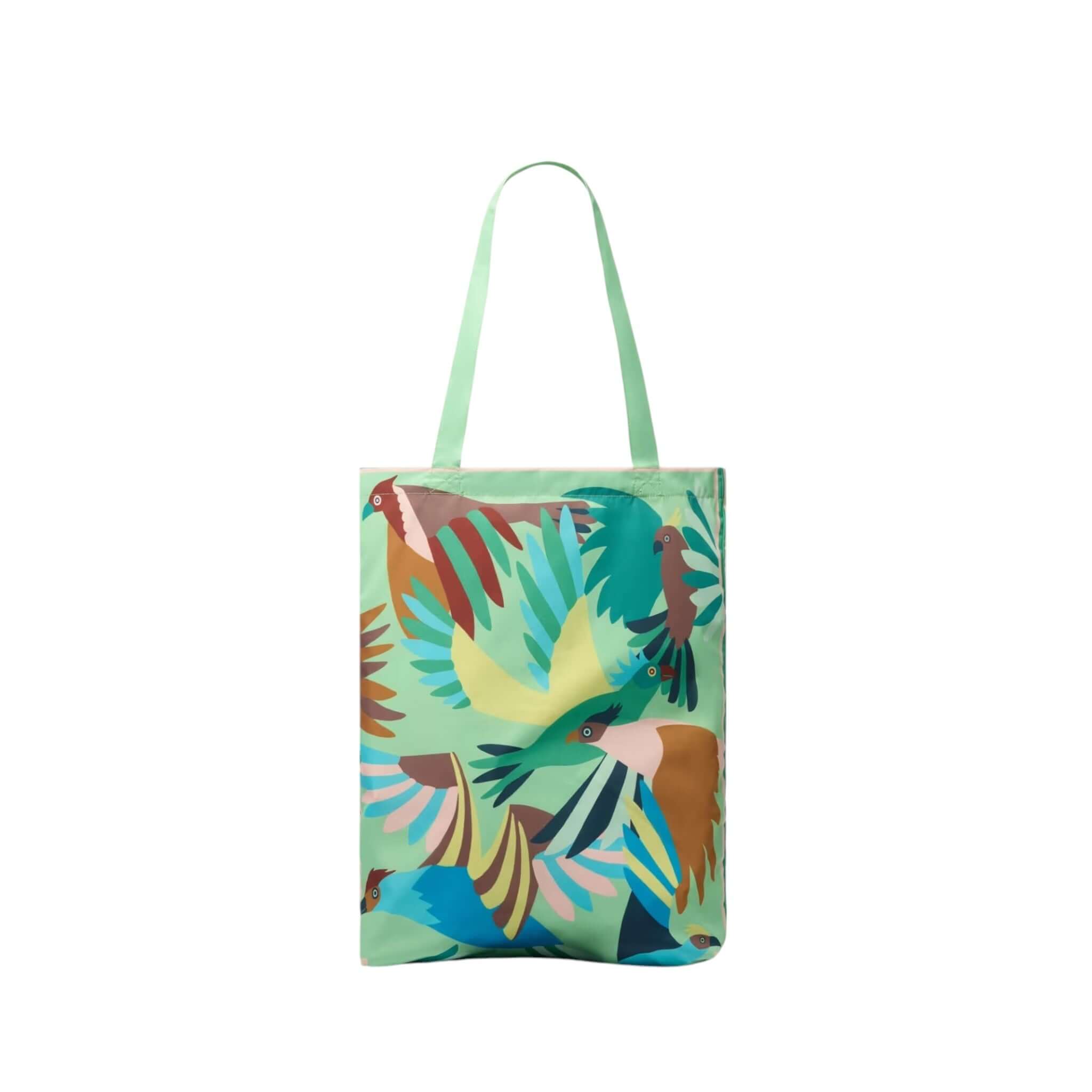 Borsa Shopper Voyage in poliestere riciclato con design colorato di uccelli tropicali, dimensioni 42x34x7 cm.