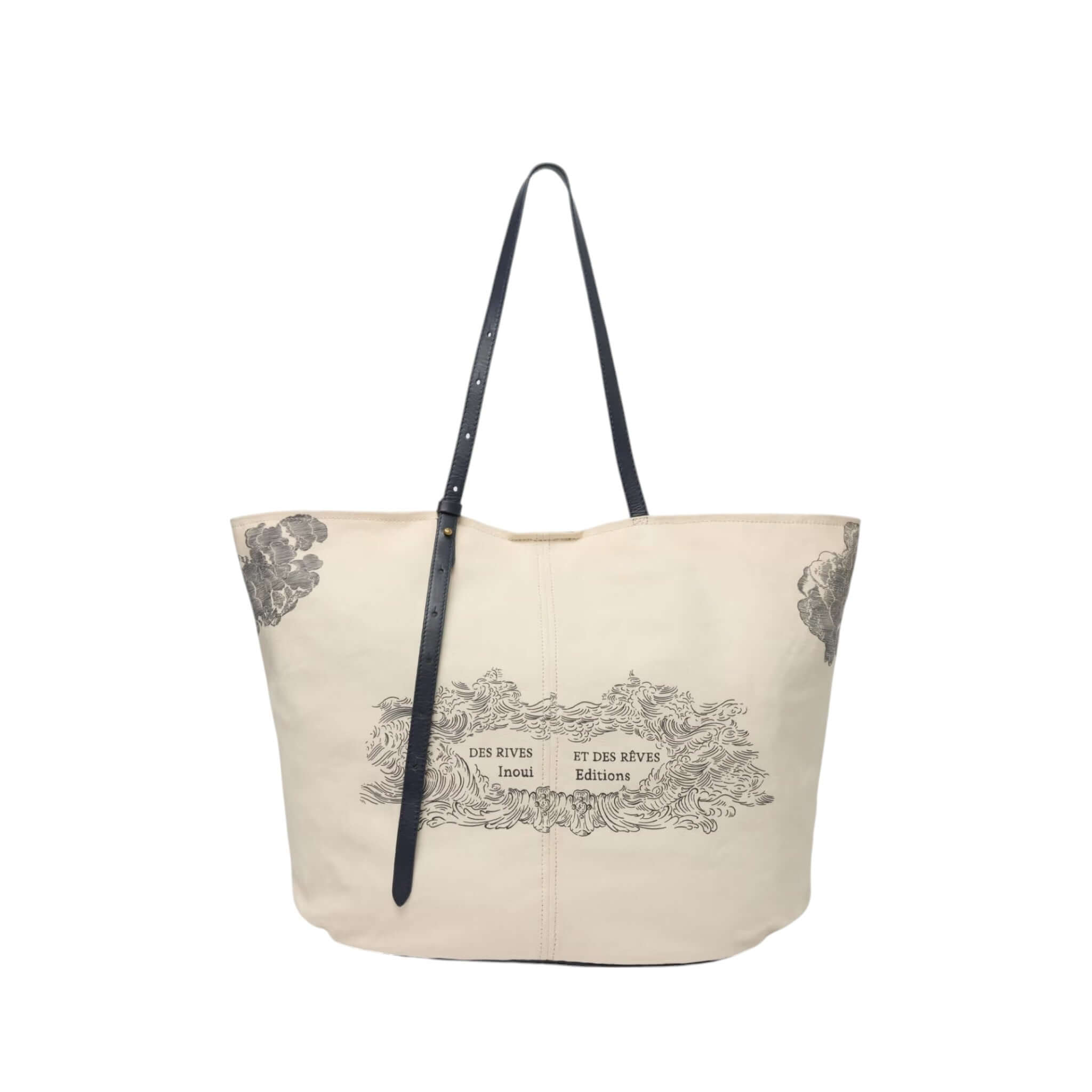 Borsa Shopping Des Rives Et Des Reves, grande borsa in cotone con manico in pelle, misura 55 x 37 x 16 cm.
