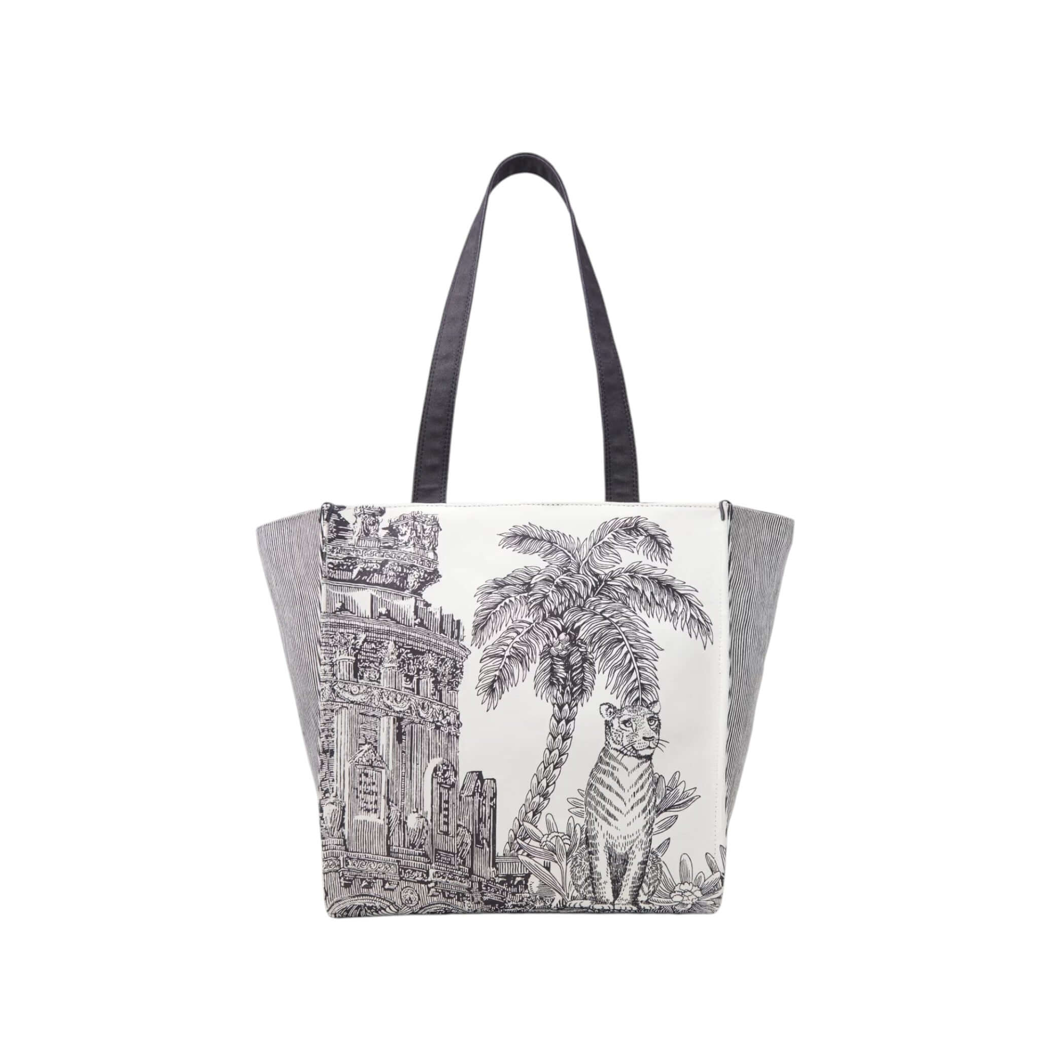 Borsa Tote Piranesi in cotone, design moderno con manici in pelle e stampa di palme e architettura.