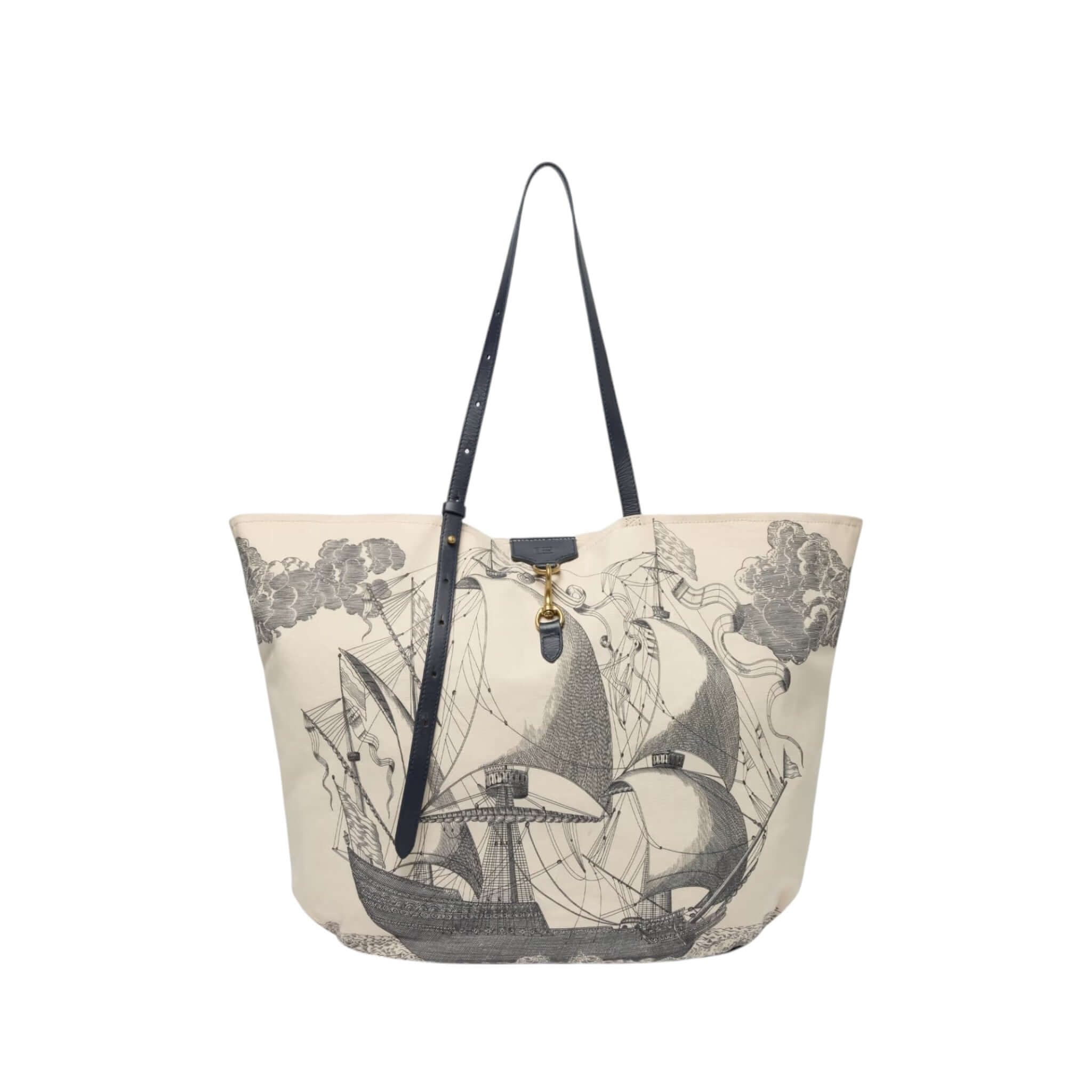 Borsa Shopping Des Rives Et Des Reves, leggera in cotone con disegno di navi, manici in pelle, dimensioni 55x37x16 cm.