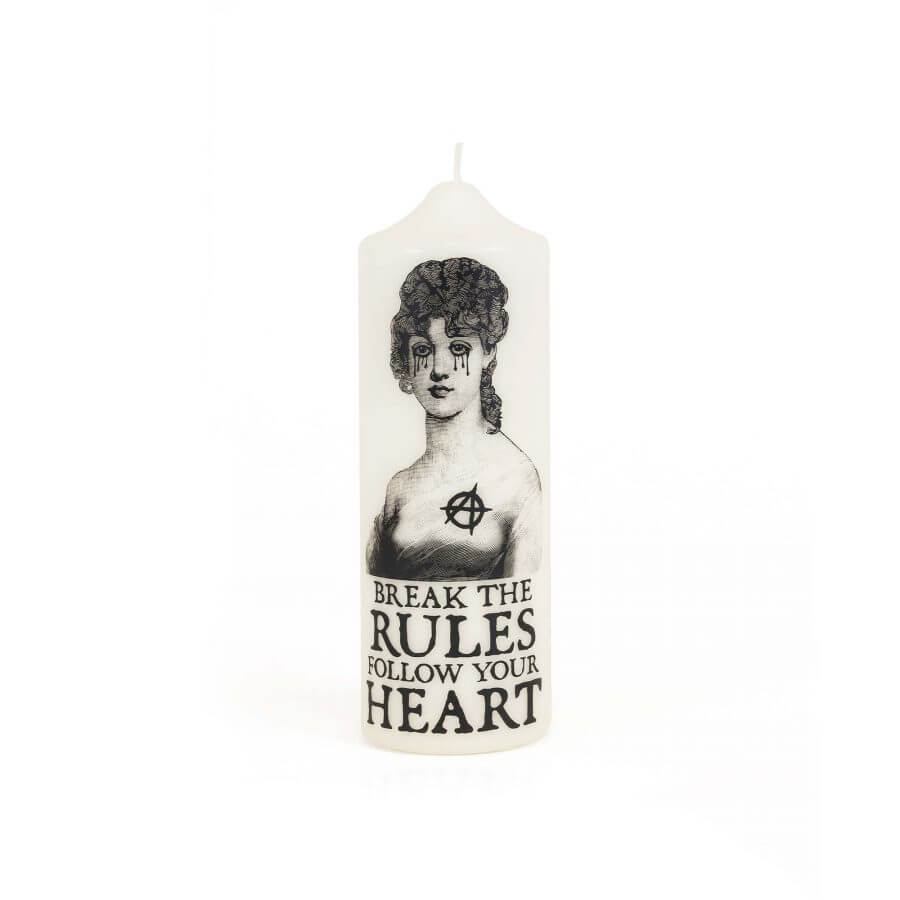 Break The Rules Candela Artistica featuring a vintage design and inspiring message on a pillar candle.