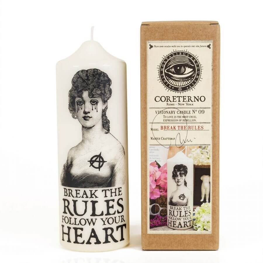 Break The Rules Visionary Candle featuring a woman with powerful message for heart and dreams.