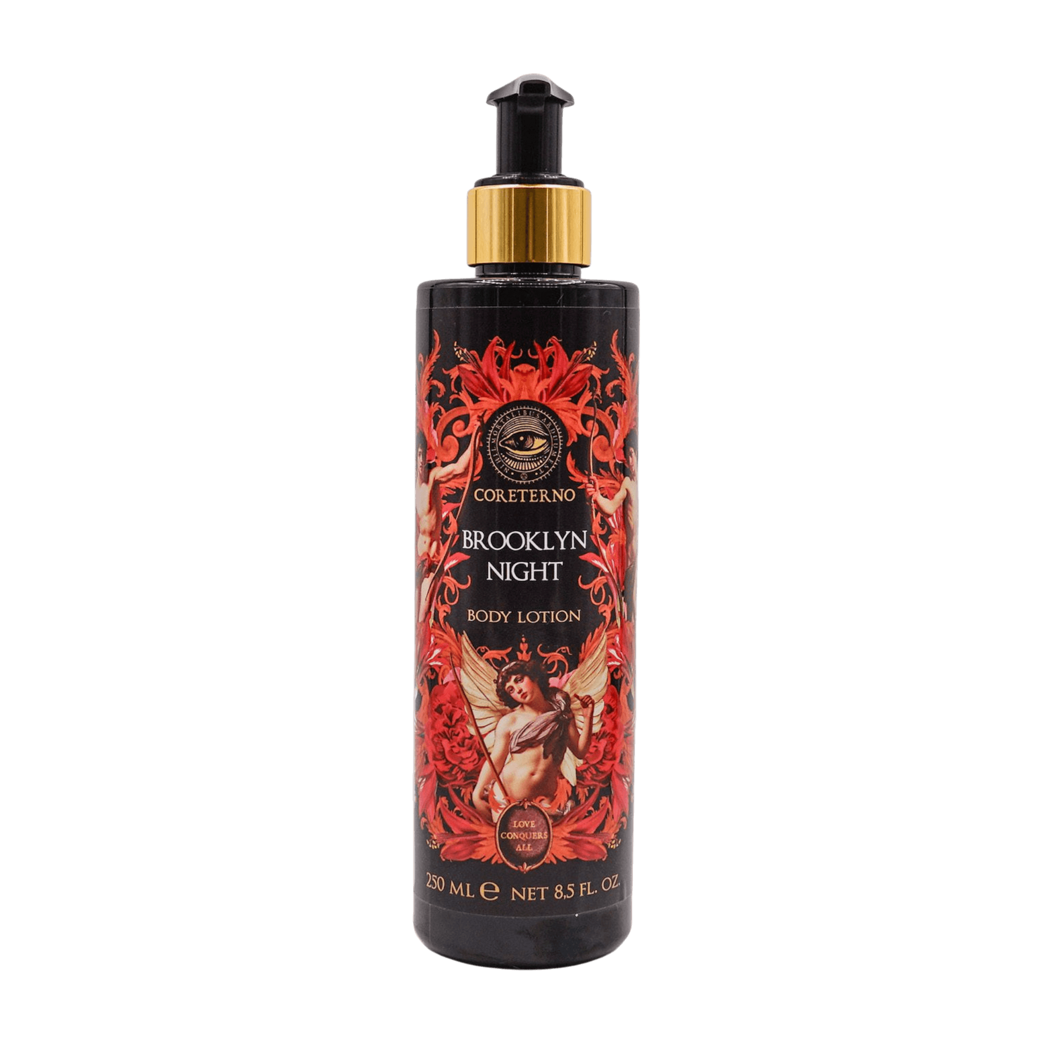 Crema corpo Brooklyn Night in stylish black and red bottle with pump, 250 mL, featuring ornate design.
