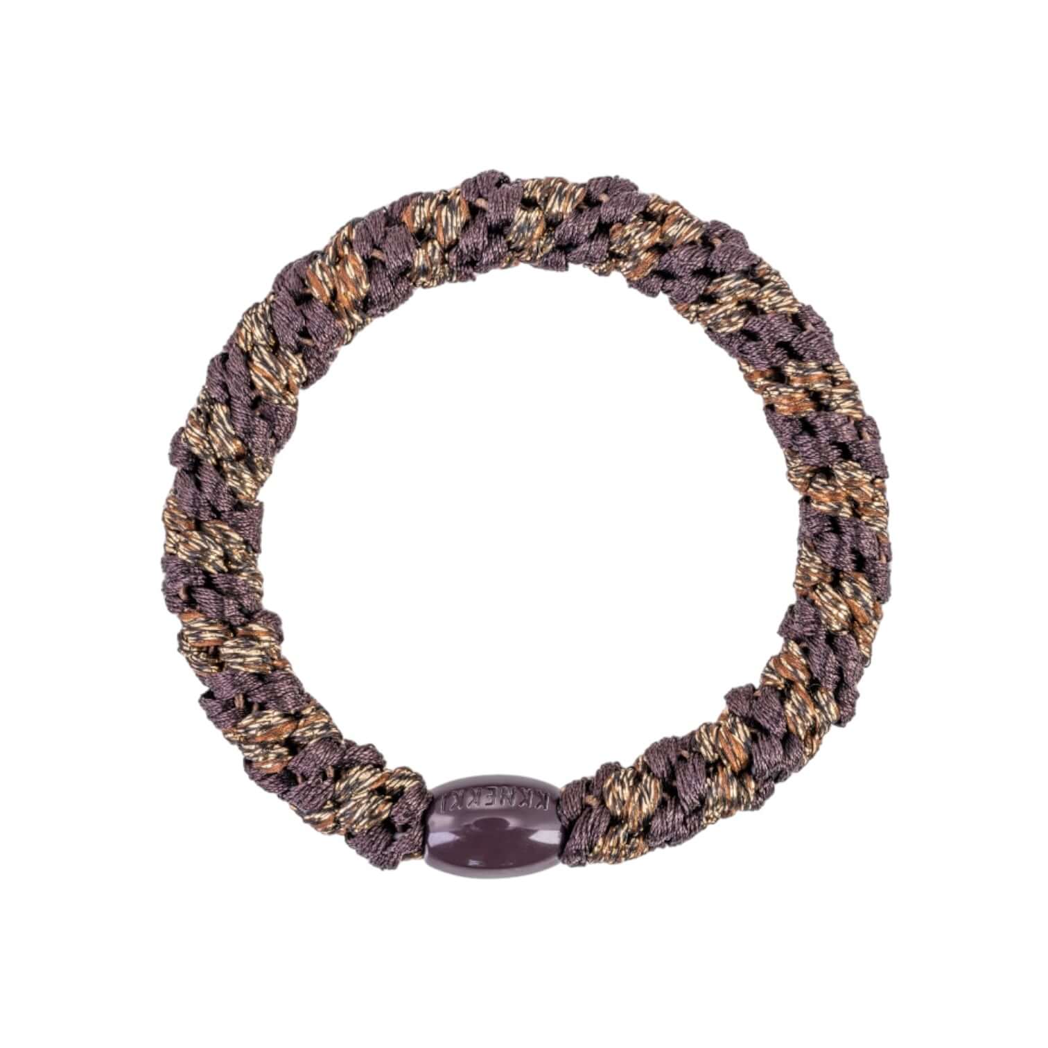 Brown coffee glitter stripe hair tie made from polyester and rubber, perfect for stylish hair updos and everyday use.