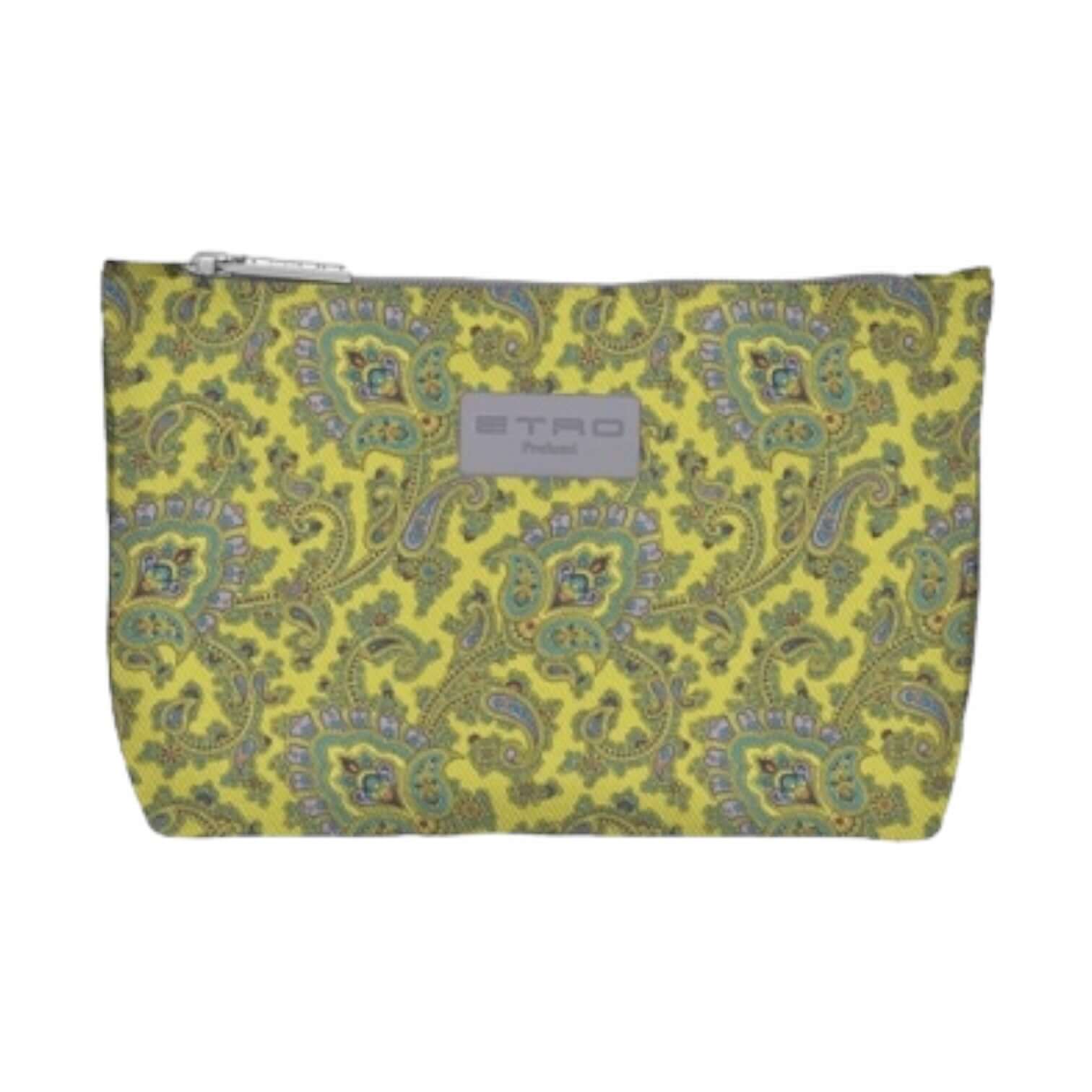 Busta grande in tessuto fantasia gialla ETRO, chiusura zip, pratico scomparto per conservare oggetti, misure 28x20x8 cm.