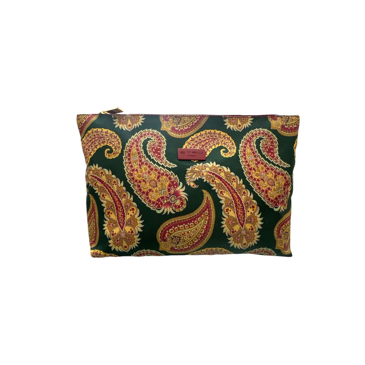 Busta grande in tessuto fantasia paisley verde e giallo con zip e targhetta ETRO, misure 28x20x8 cm.
