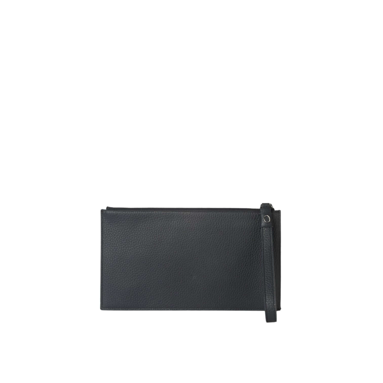 Elegante busta in pelle martellata nera con polsiera e chiusura zip, 25 cm x 14 cm.