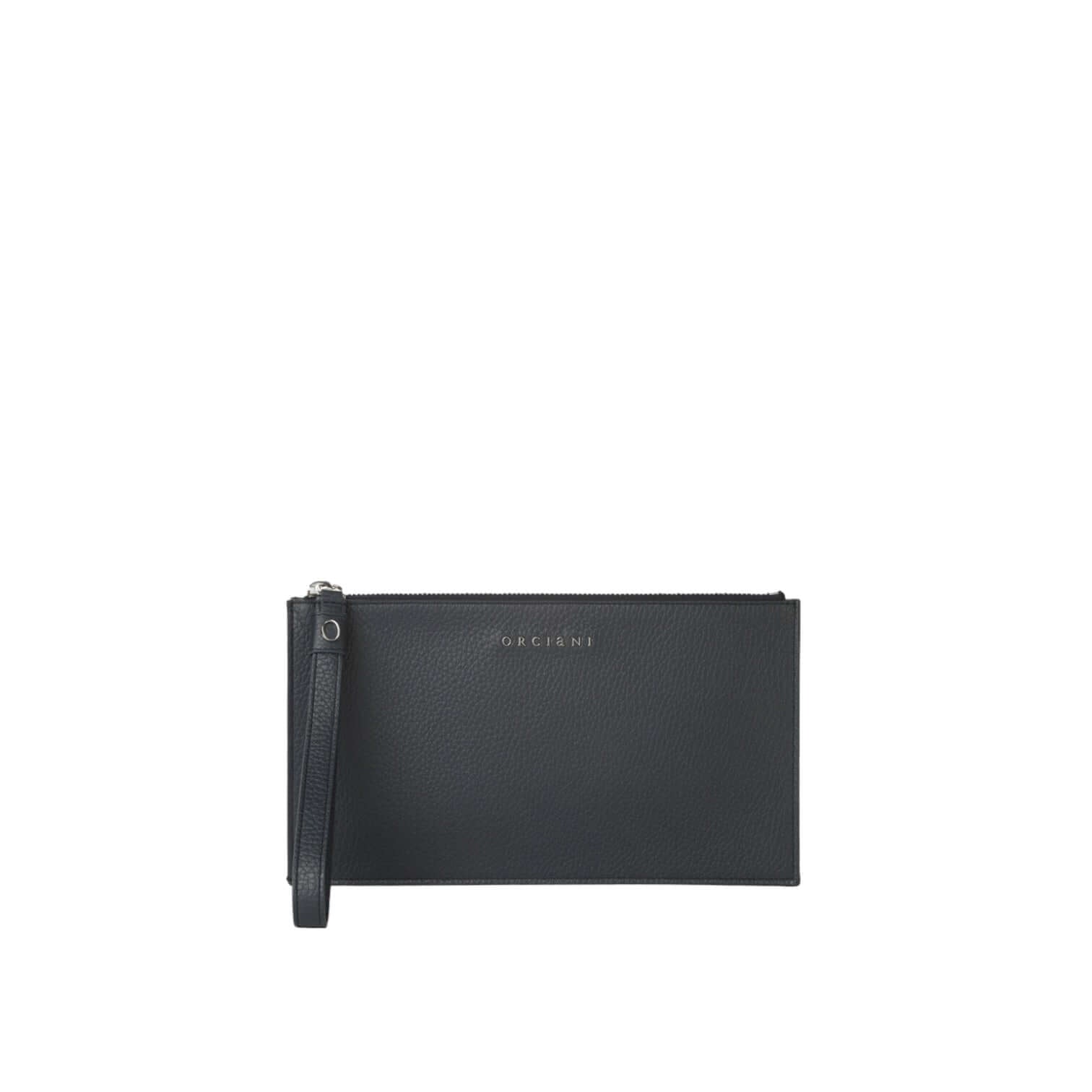 Busta in pelle nera con polsiera, elegante e funzionale, chiusura con zip e dettagli nichel.