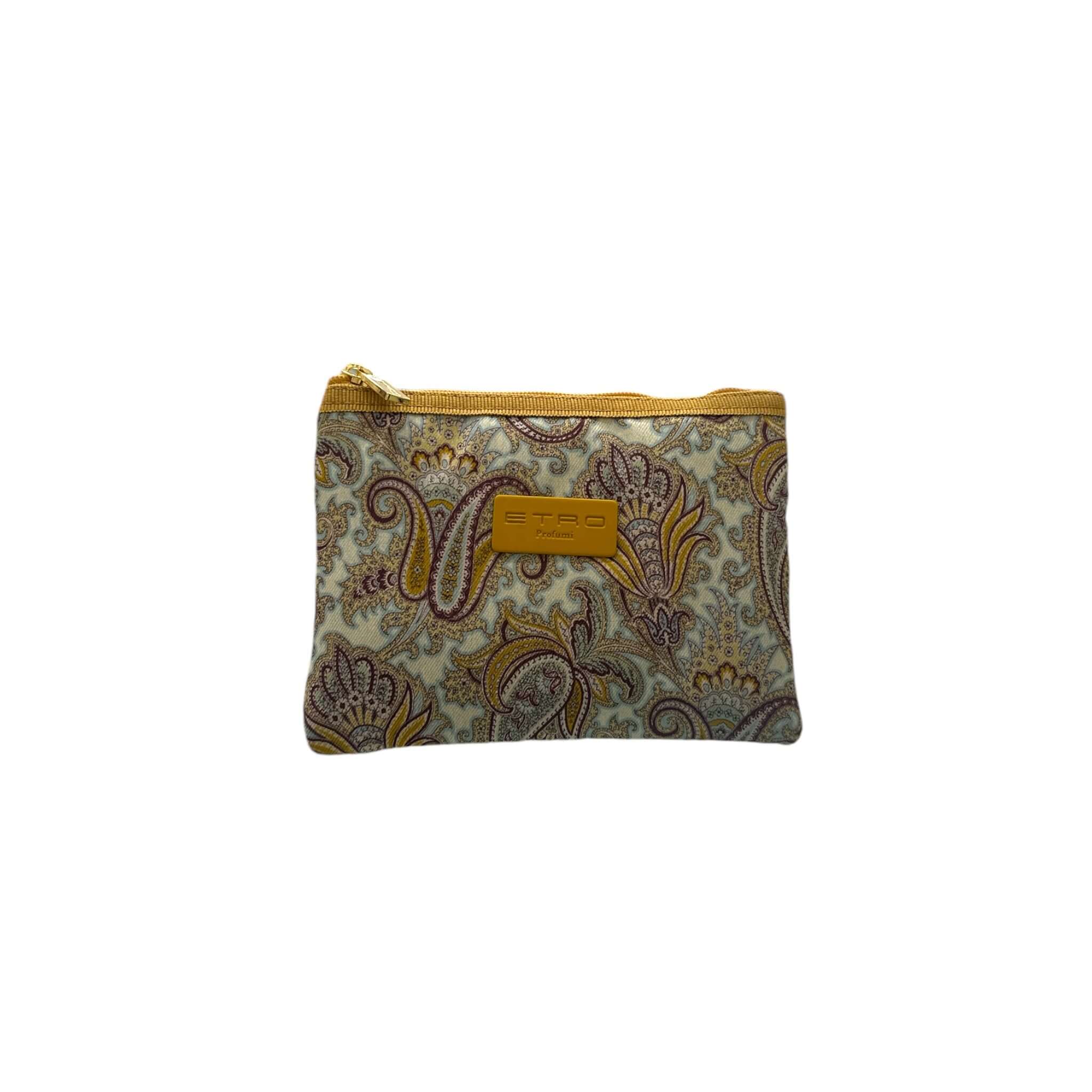 Busta Piccola Satin di ETRO in nylon stampato, misura 14x11,5x1 cm, con chiusura a zip e design elegante.