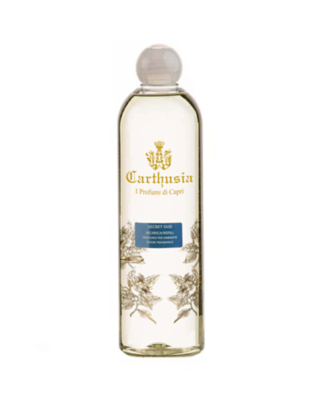 Secret Oud Refill by Carthusia, 500 ml plastic flask for recharging fragrance bottles and ampoules.