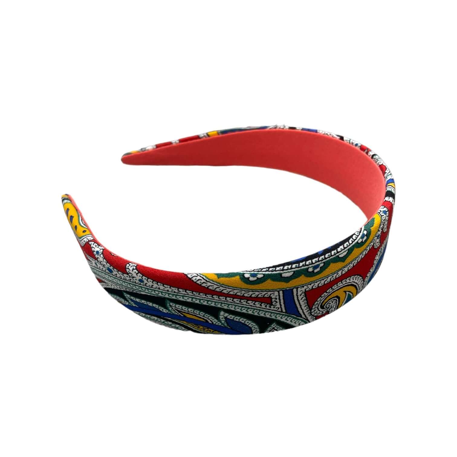 Cerchietto largo piatto in seta e poliestere con design colorato e vivace, ideale per accessori moda.