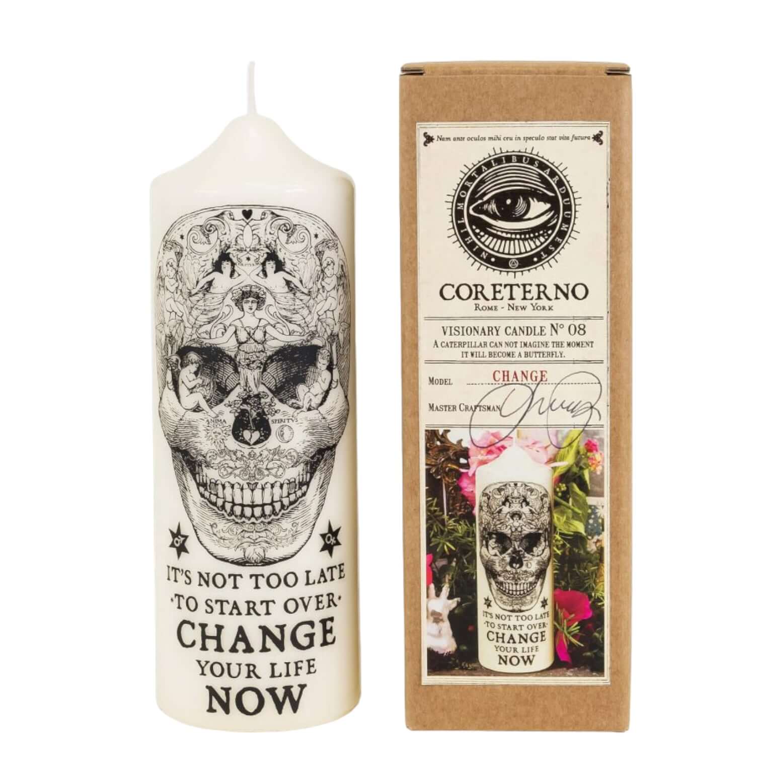 Visionary Pillar Candle with unique skull design, promoting positive change and inspiration, Italian artisan craftsmanship.