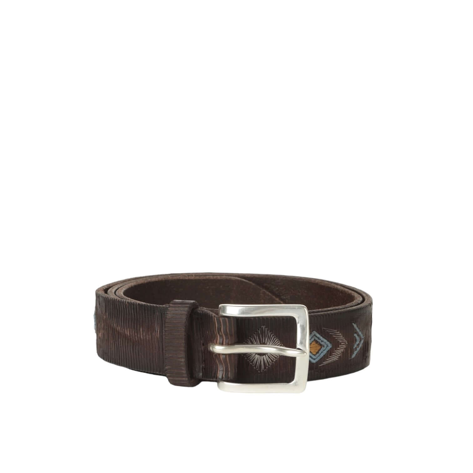 Cintura in cuoio Blade Lakota con fibbia argento, dettagli ricamati e altezza di 3,5 cm, elegante accessorio italiano.
