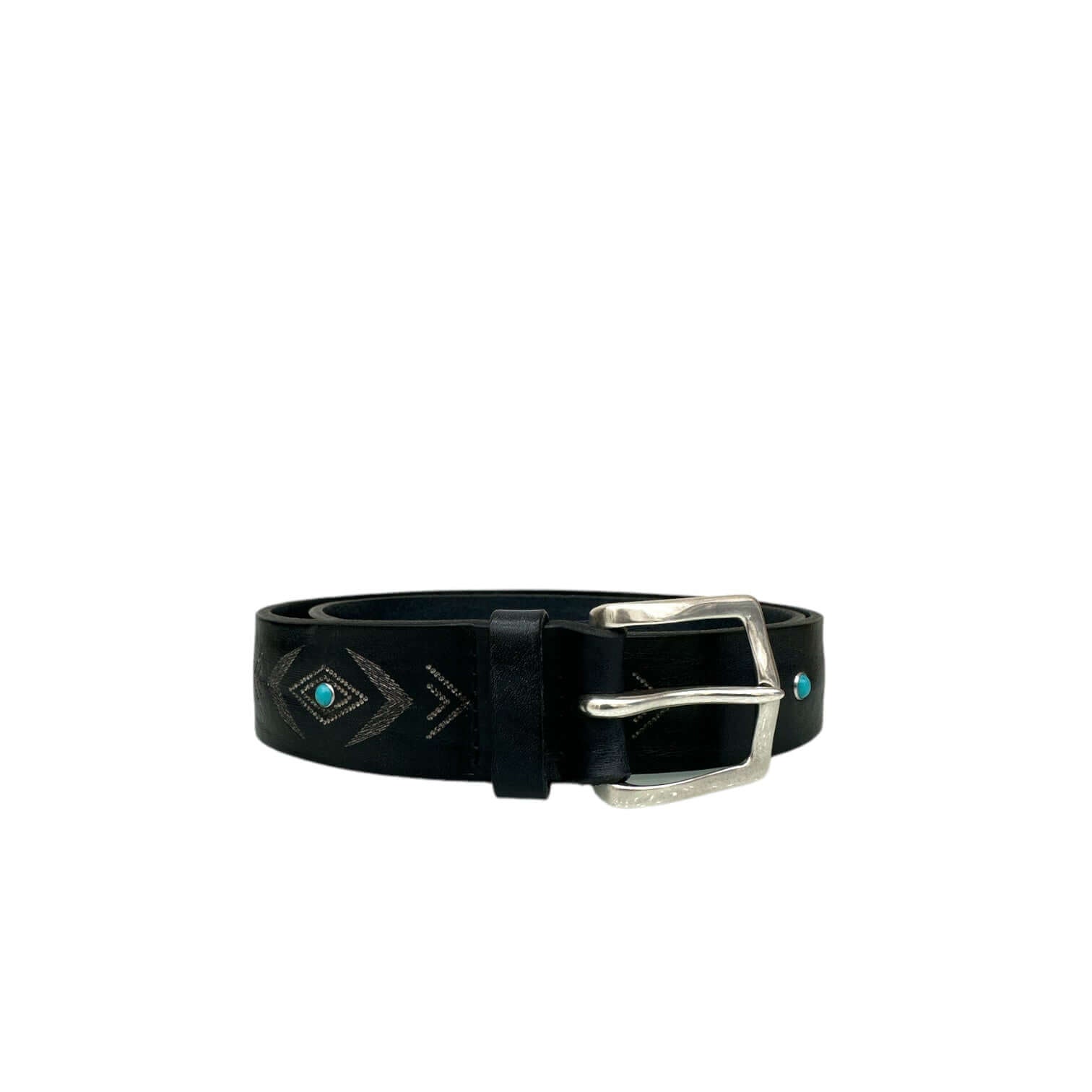 Cintura Bull Soapy in cuoio con fibbia argento e cabochon turchesi per un look elegant.