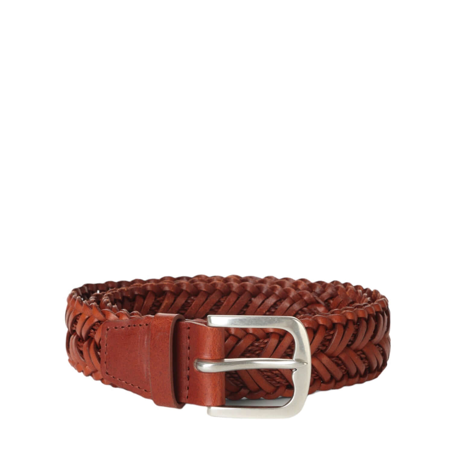 Cintura intrecciata in cuoio arancio con fibbia inglese per un look elegante e casual.