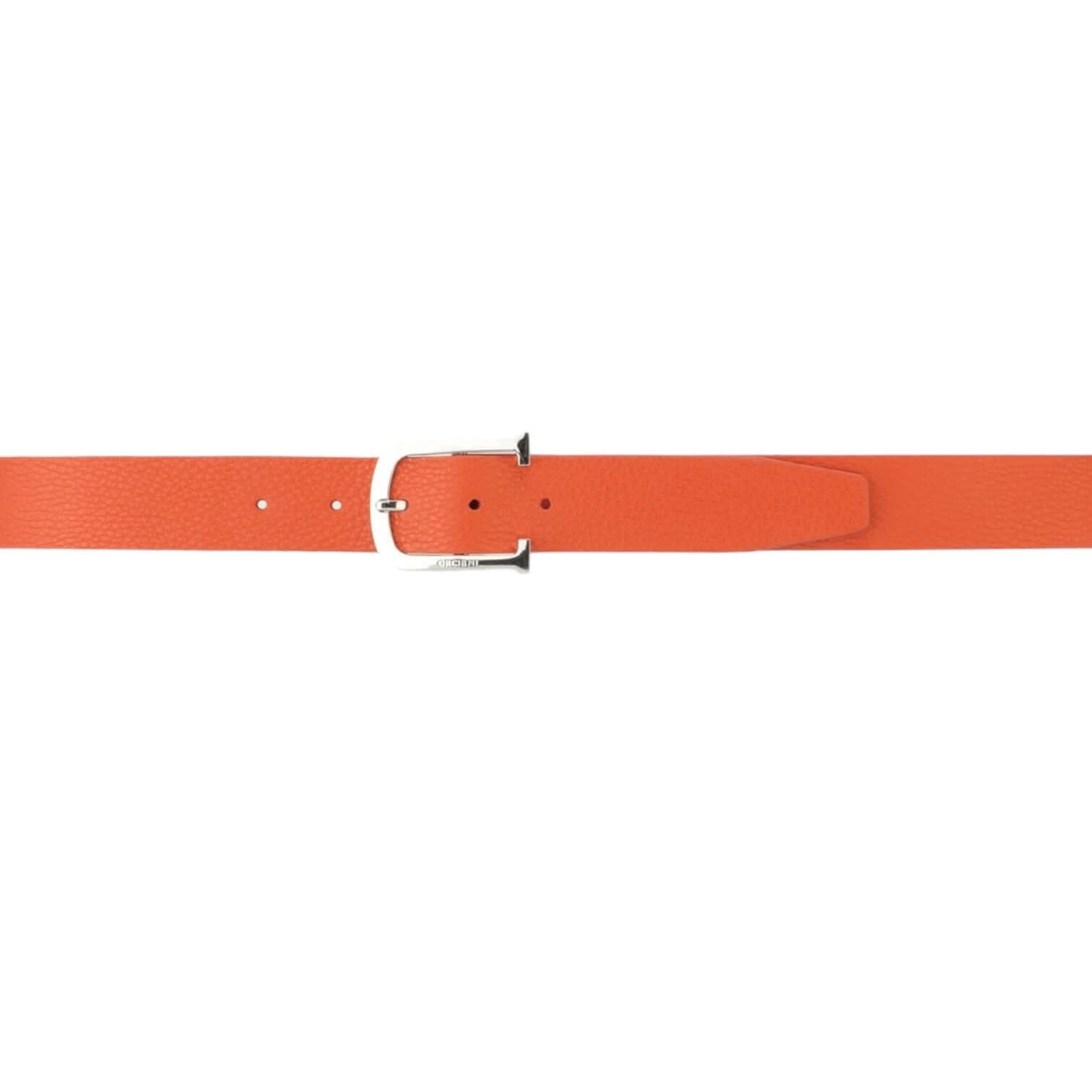 Cintura Micron in Pelle arancione con fibbia logata, elegante e resistente, realizzata in pelle martellata.