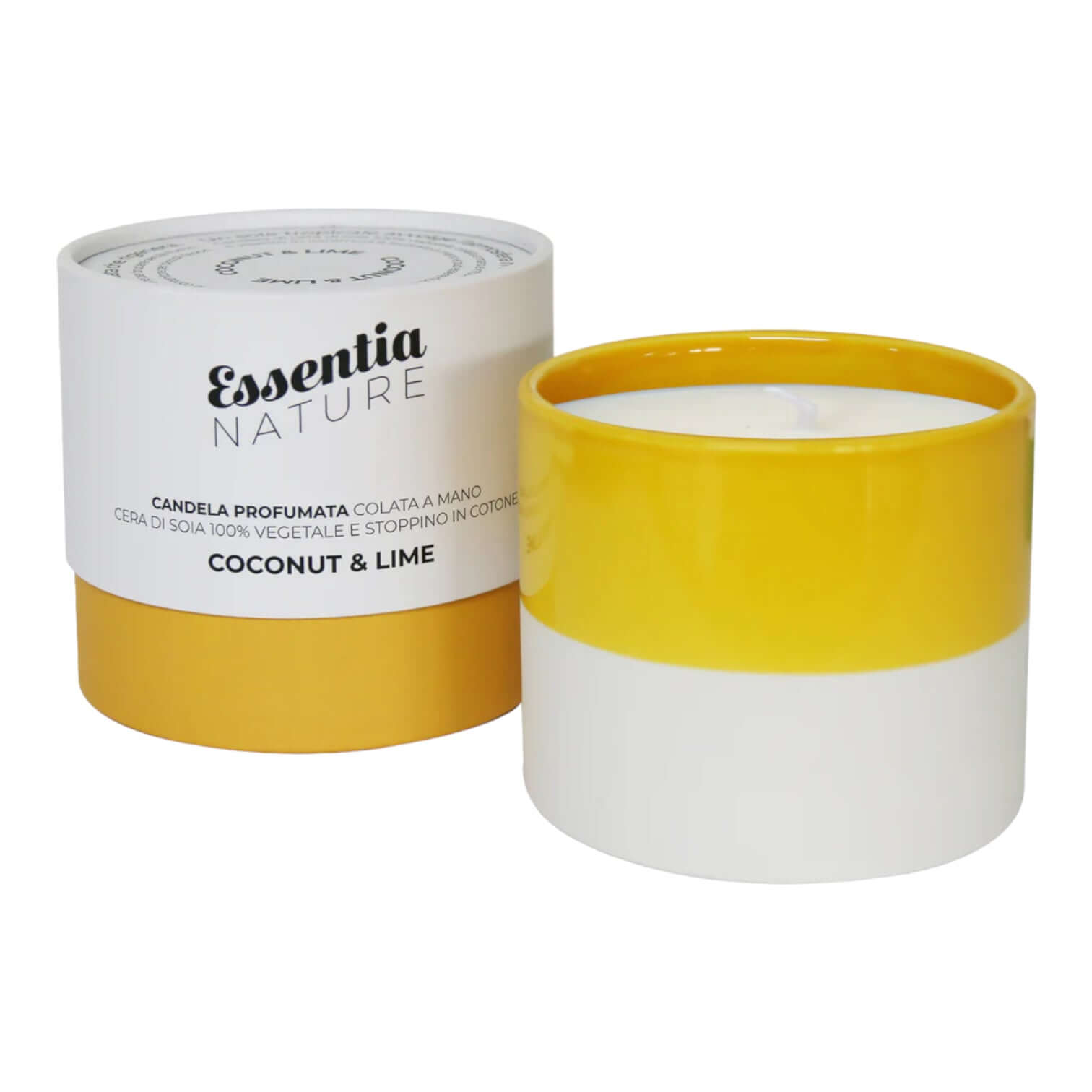 Coconut & Lime scented candle from Essentia Nature in ceramic container, handmade with natural cotton wick.