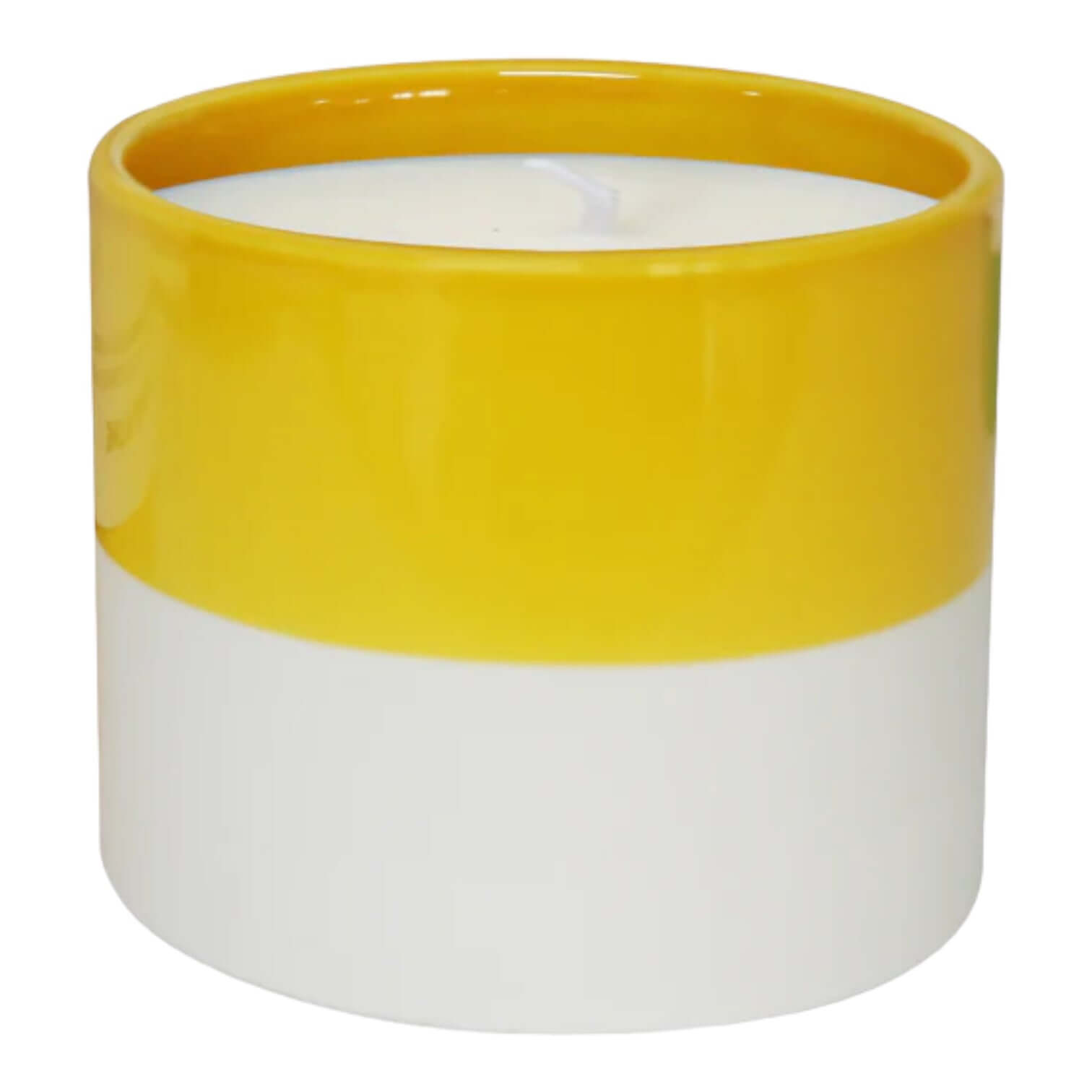 Coconut & Lime Candela in a yellow and white ceramic pot, scented soy wax candle, reusable design.