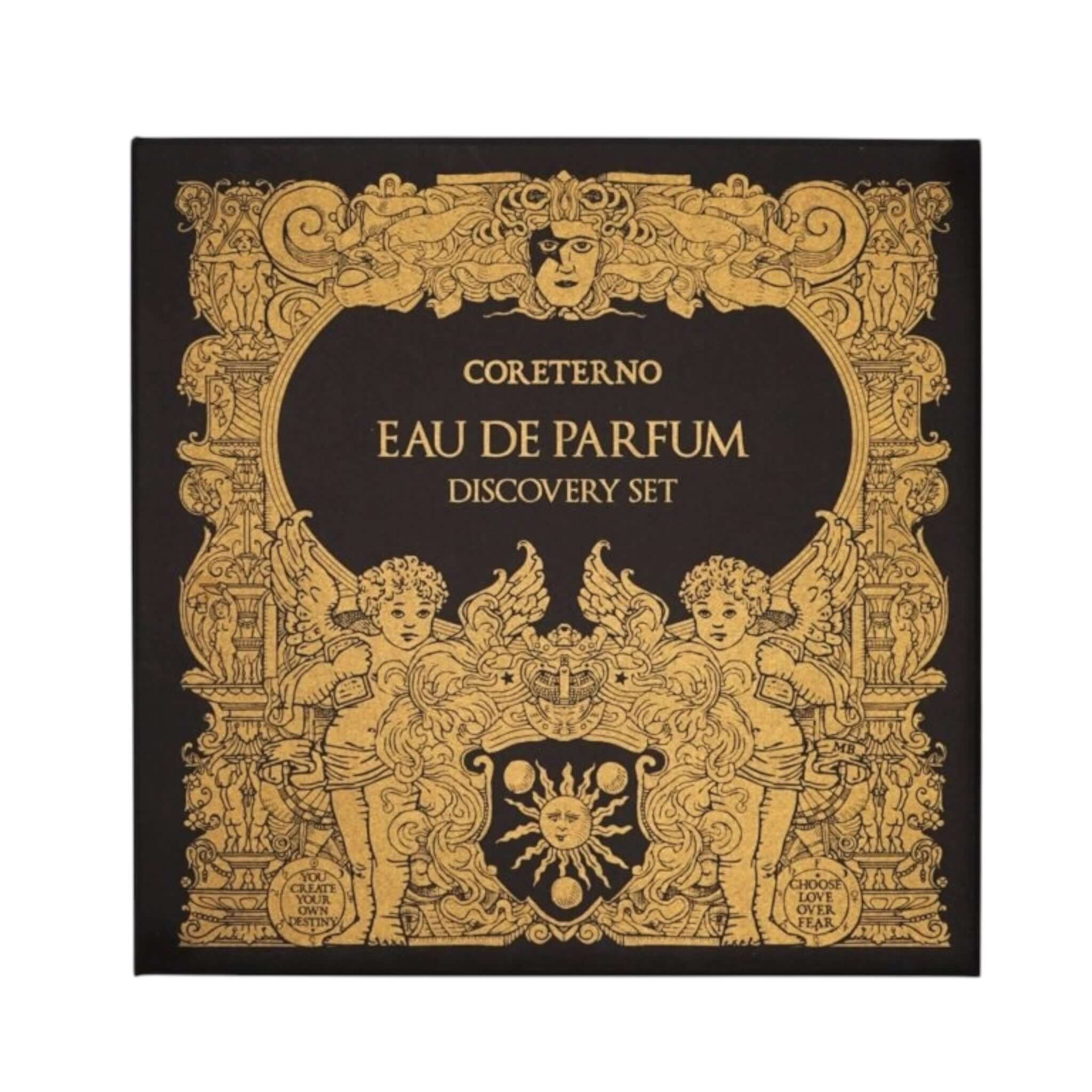 Coreterno Eau De Parfum Discovery Set packaging featuring artistic design and classic elements.