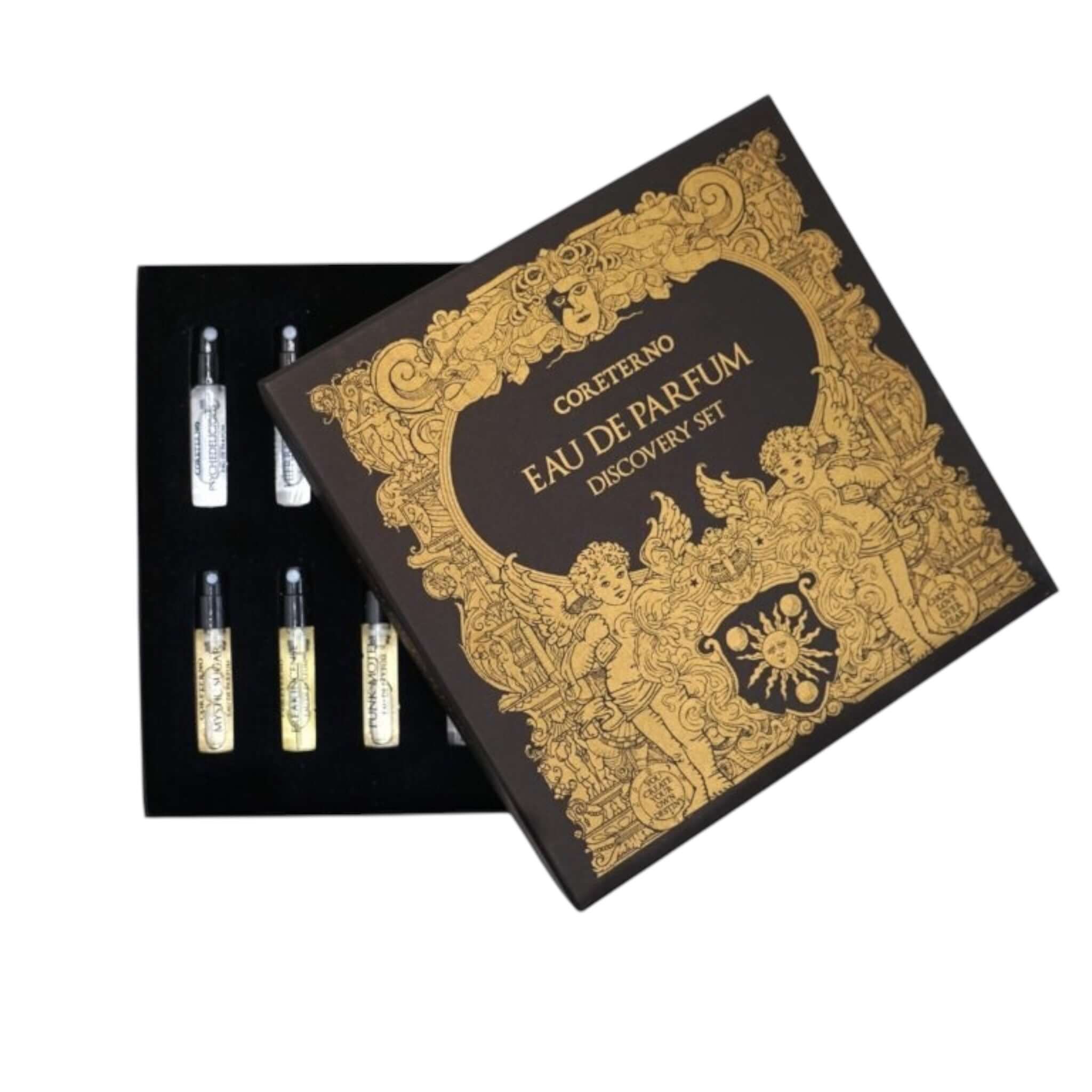 Eau Parfum Discovery Set by Coreterno, featuring artistic packaging and vials of unique fragrances.