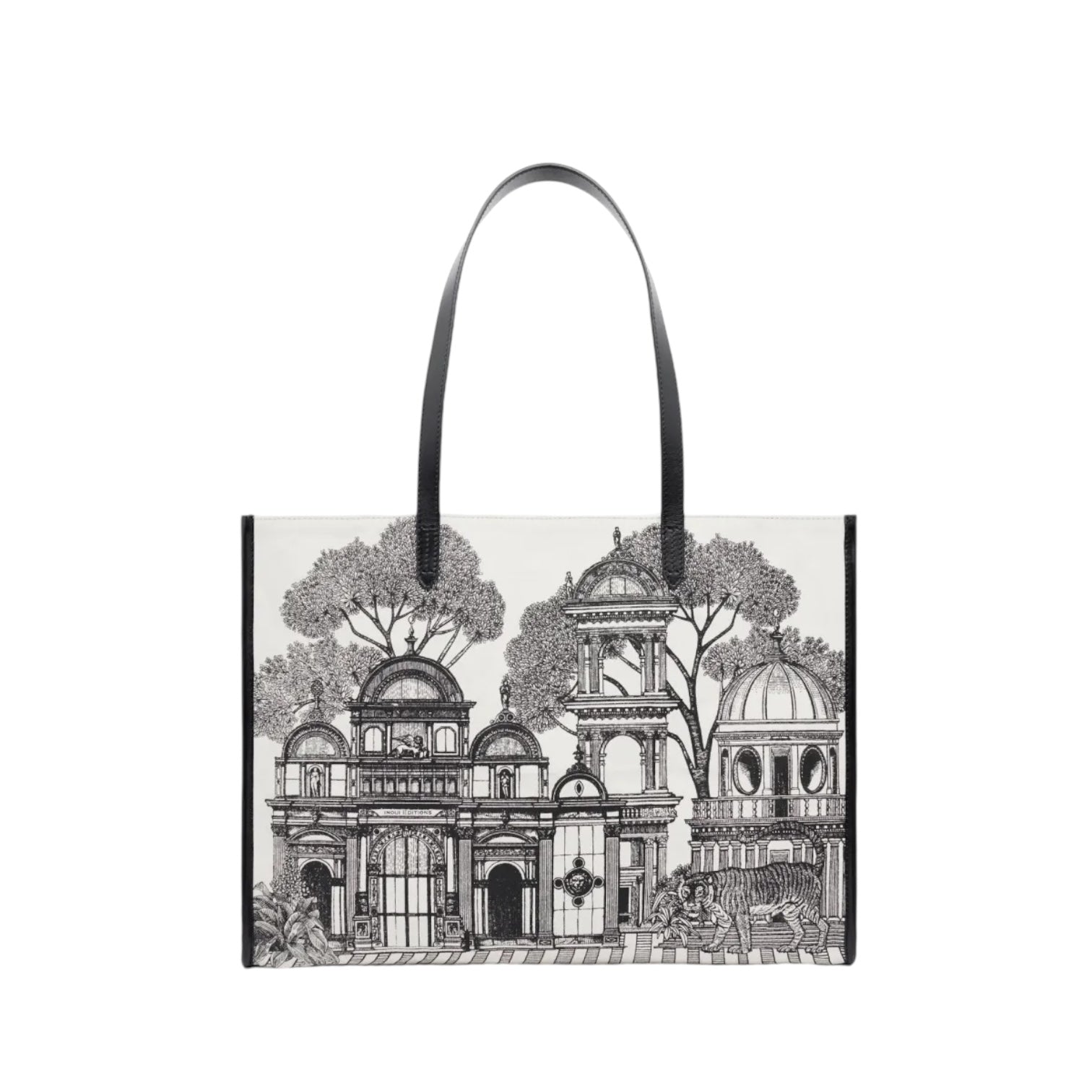 Elegant black and white shopping bag featuring a detailed architectural design and slim handles for comfortable use.