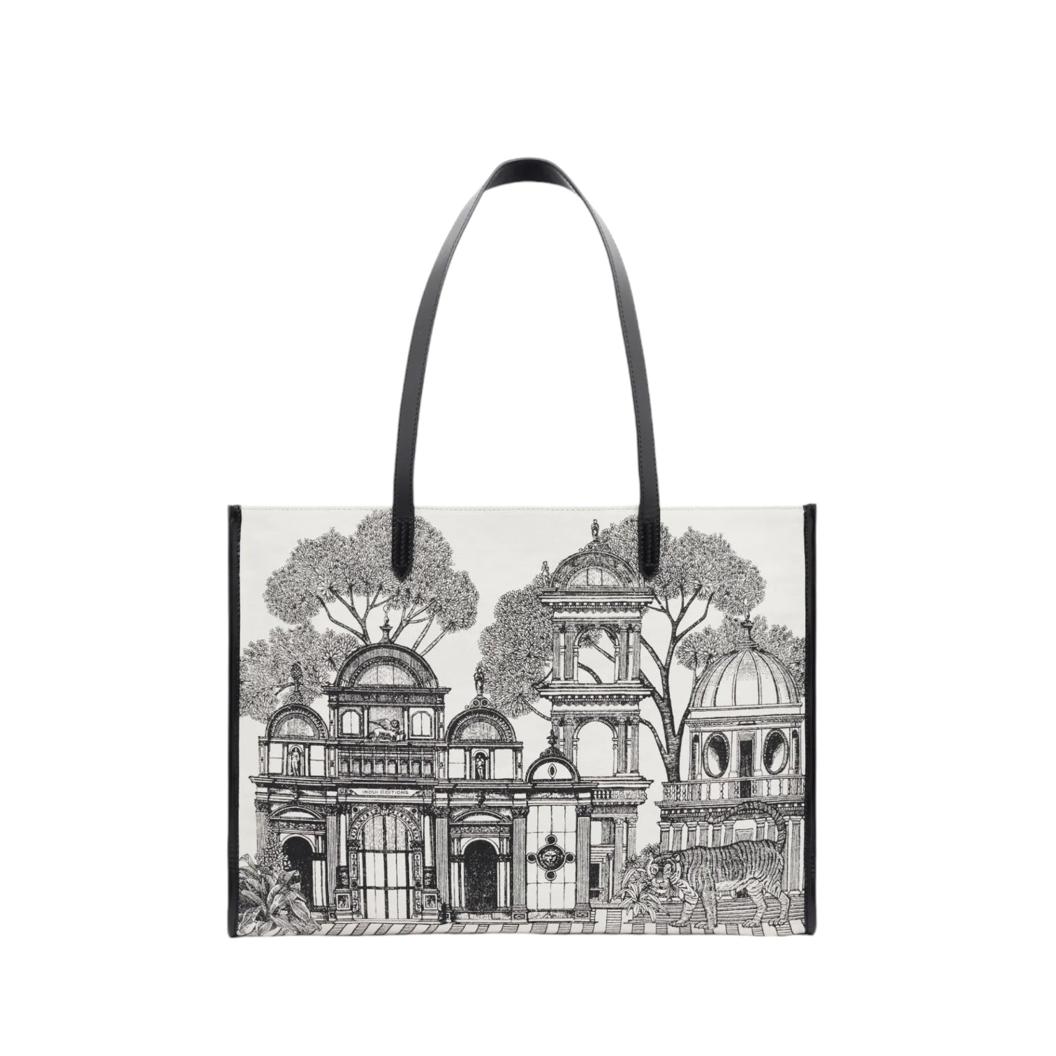 Borsa shopping elegante con design architettonico in bianco e nero, manici neri e formato spazioso.