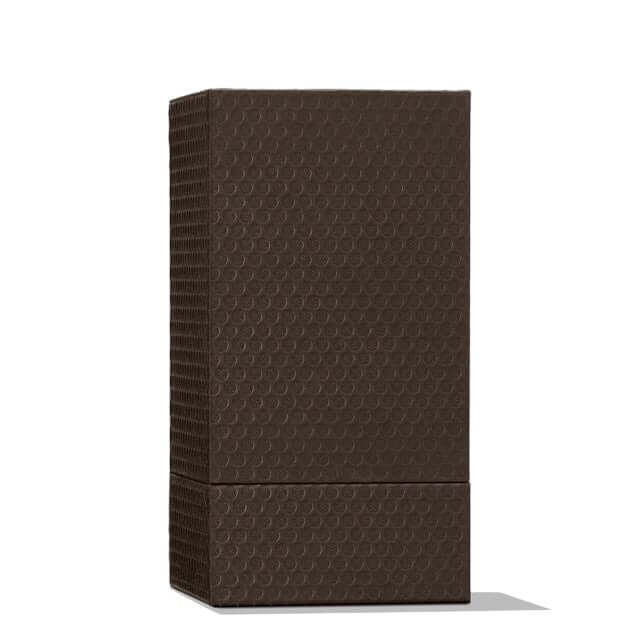 Elegant packaging of Delicious Rhubarb & Rose Eau de Parfum, featuring a textured brown design.