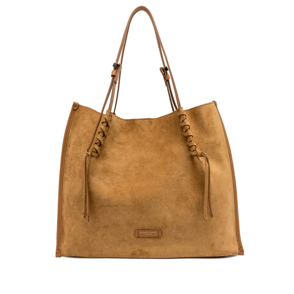 Dory suede tote bag with twin logo passants, stylish and casual, dimensions 40x34x14 cm, in warm brown.
