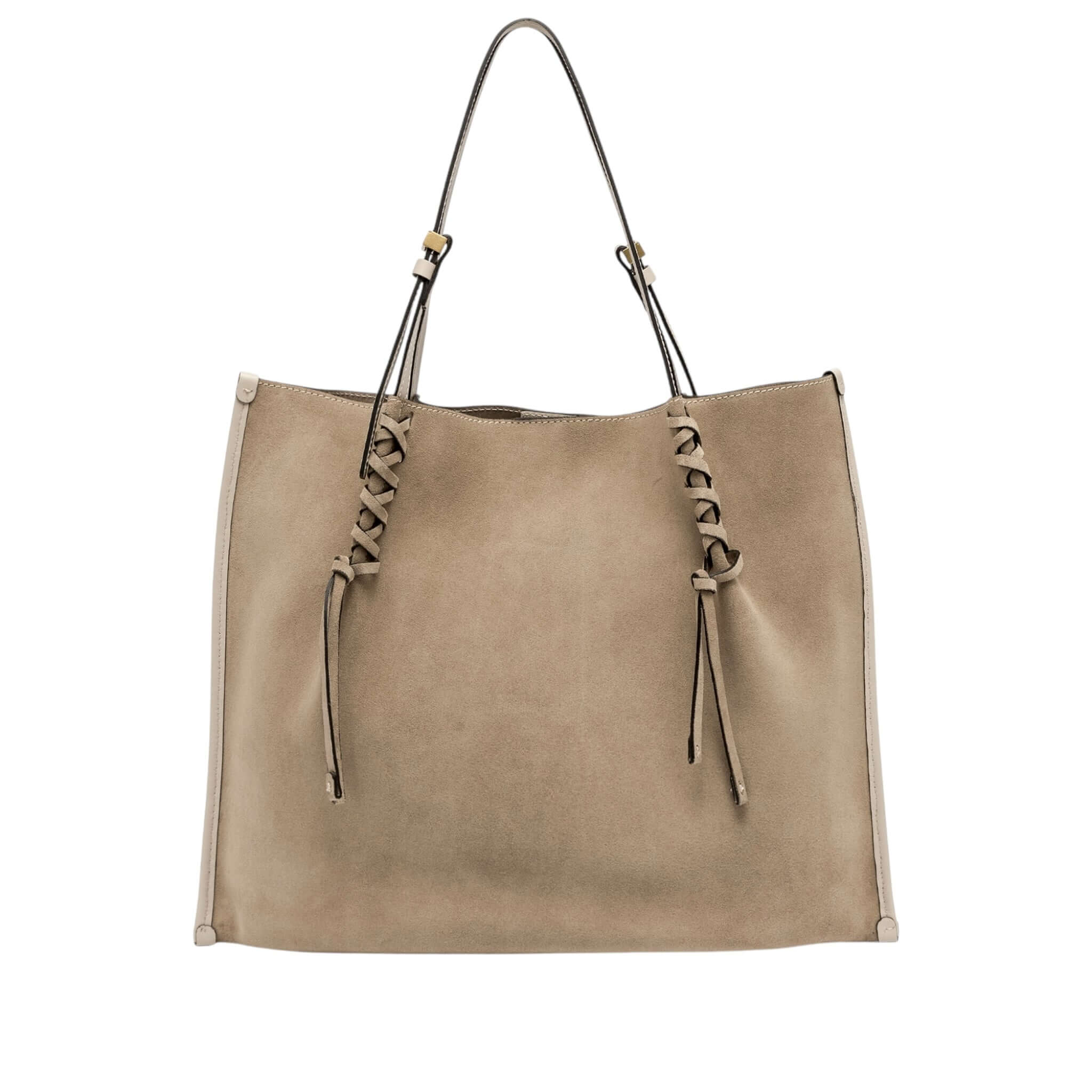 Dory light and trendy suede tote bag with iconic laces and adjustable handles, perfect for casual styles.