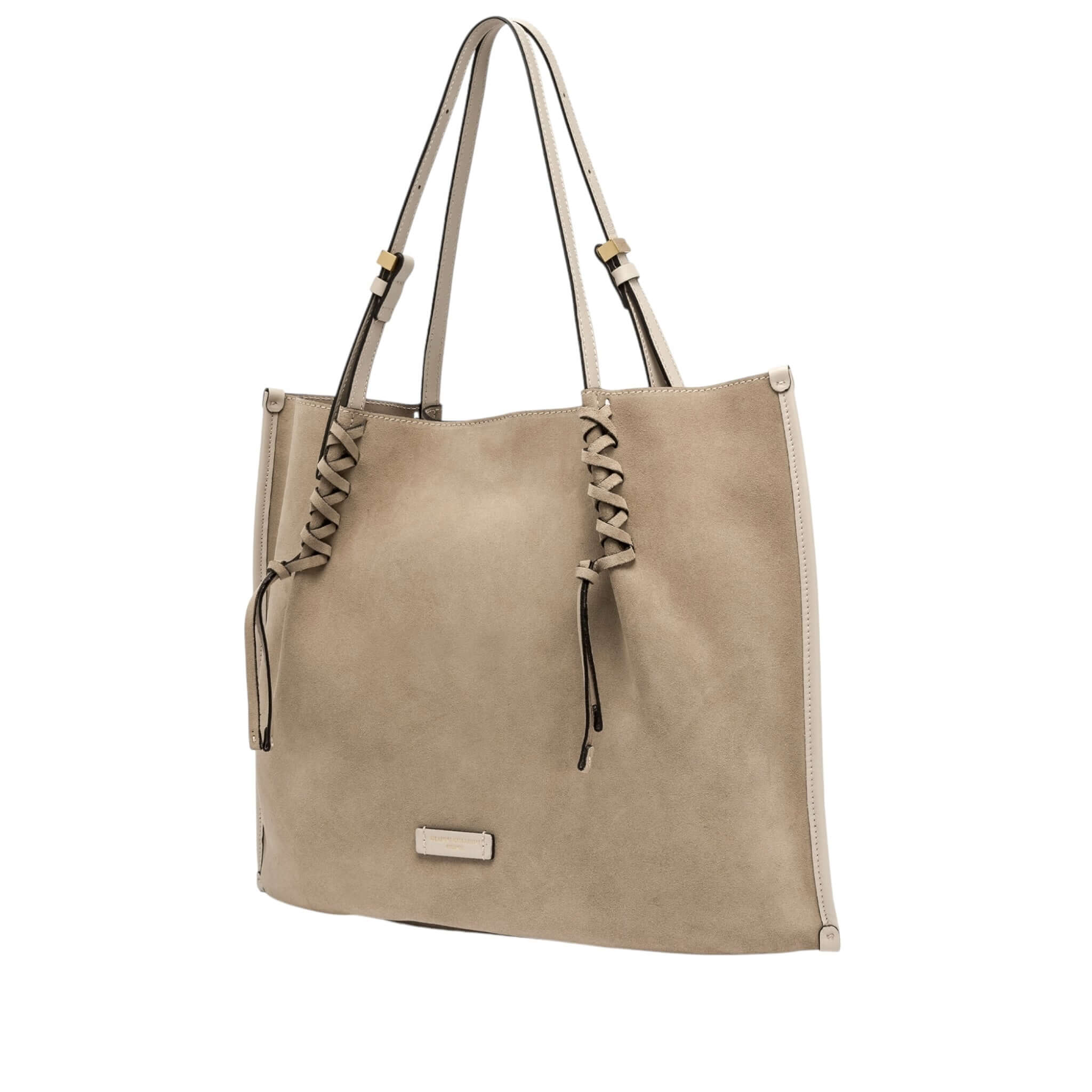 Dory suede tote bag with trendy laced handles, casual style, dimensions 40x34x14 cm, light beige color.
