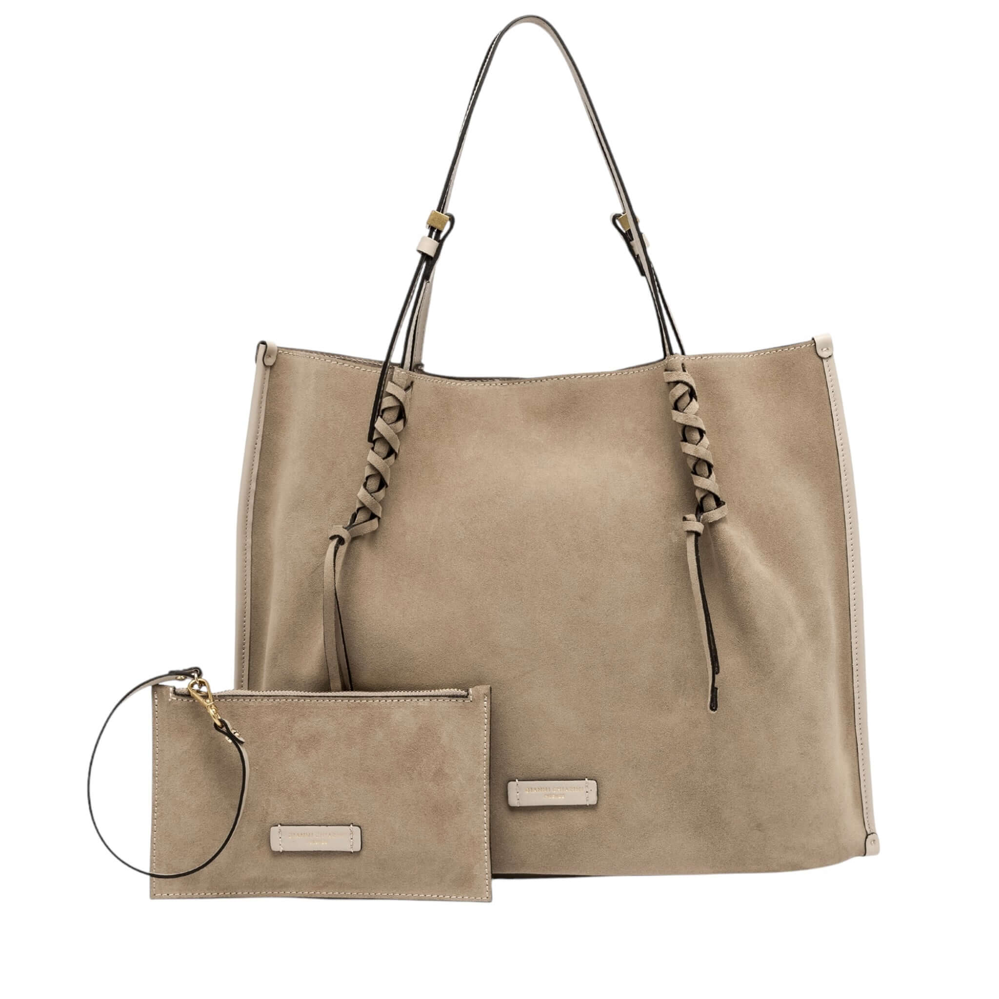 Dory lightweight suede handbag with twin logo passers and adjustable straps, includes matching pouch.