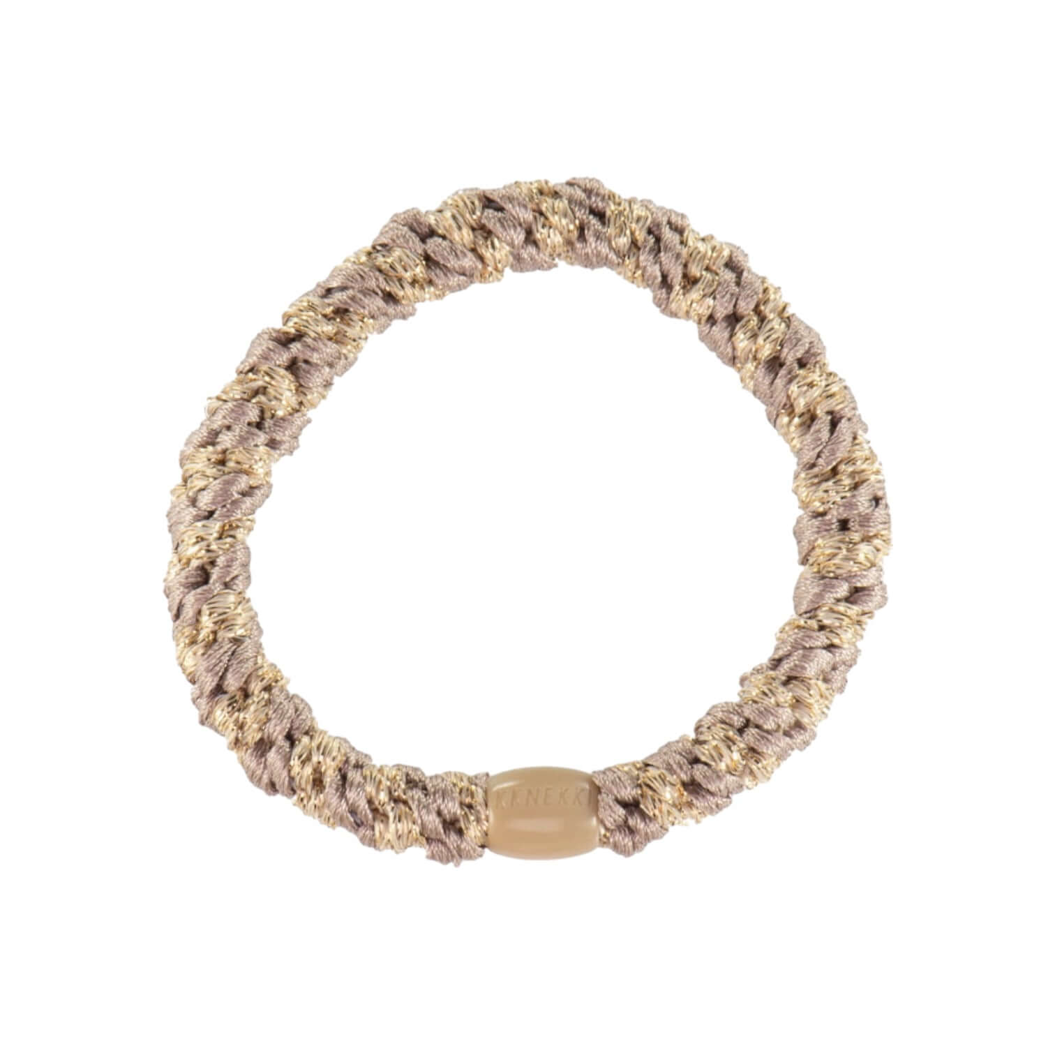 Dove-Beige Glitter hair tie made of polyester and rubber, perfect for stylish and secure updos.