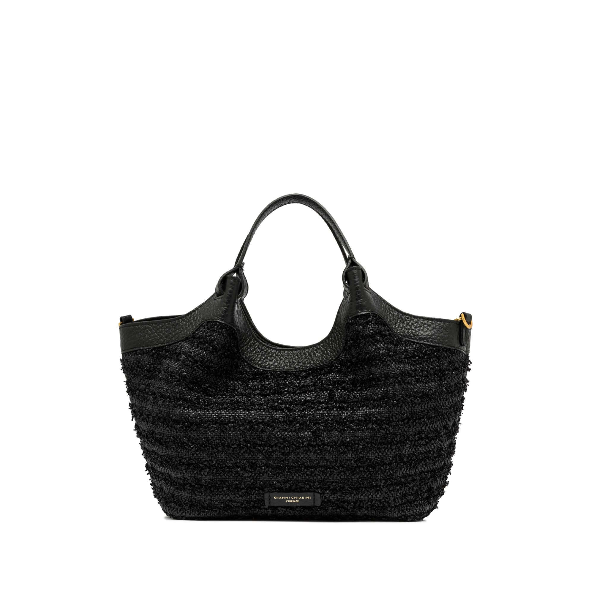 Black straw tote bag with leather handles, featuring versatile double carry options and chic design, 24x27x12 cm.