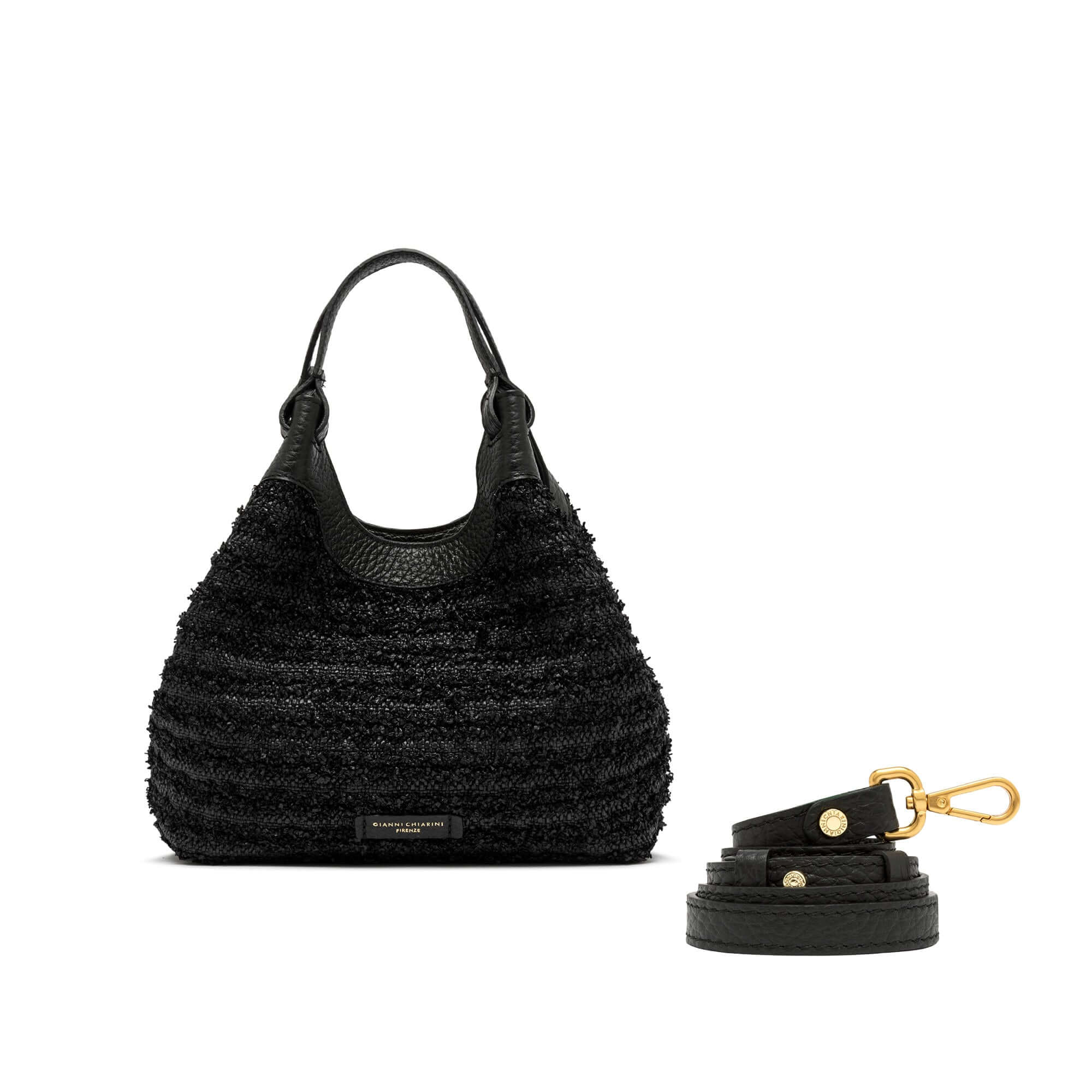 Borsa DUA in paglia fru fru nera con manici in pelle e tracolla, dimensioni 24x27x12 cm.