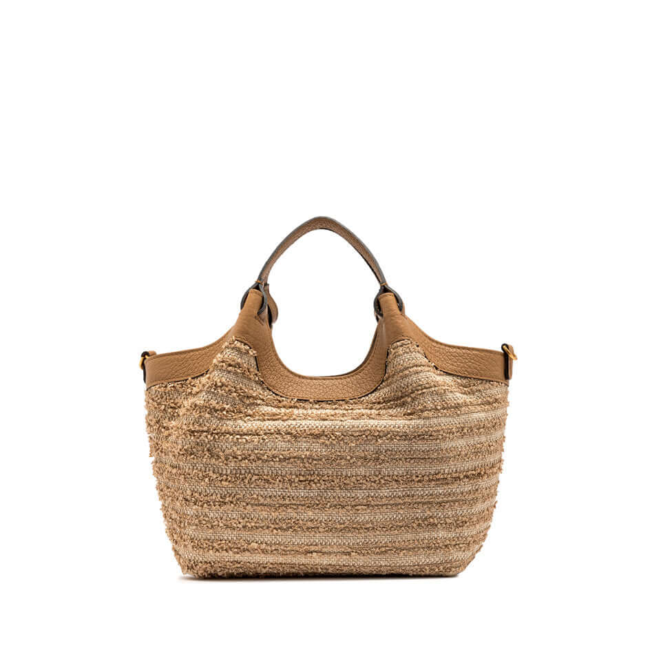DUA straw bag with leather details, versatile double carry options, dimensions 24x27x12 cm.